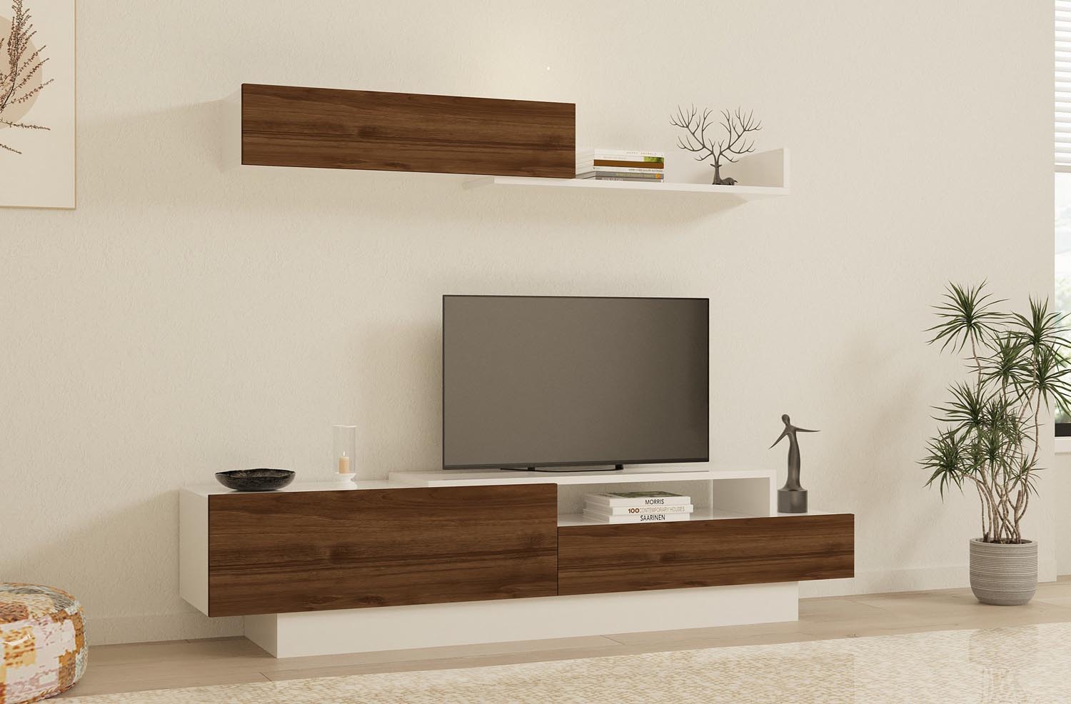Elegantes TV-Möbel Elda in Weiß und Walnuss von Hanah Home. Robuste Bauweise, viel Stauraum und modernes Design für Ihr Wohnzimmer.
