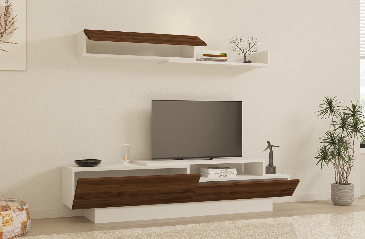 Stylisches TV-Möbel Elda in Weiß und Walnuss von Hanah Home. Hochwertige Materialien, großzügiger Stauraum und elegantes Design für Ihr Zuhause.