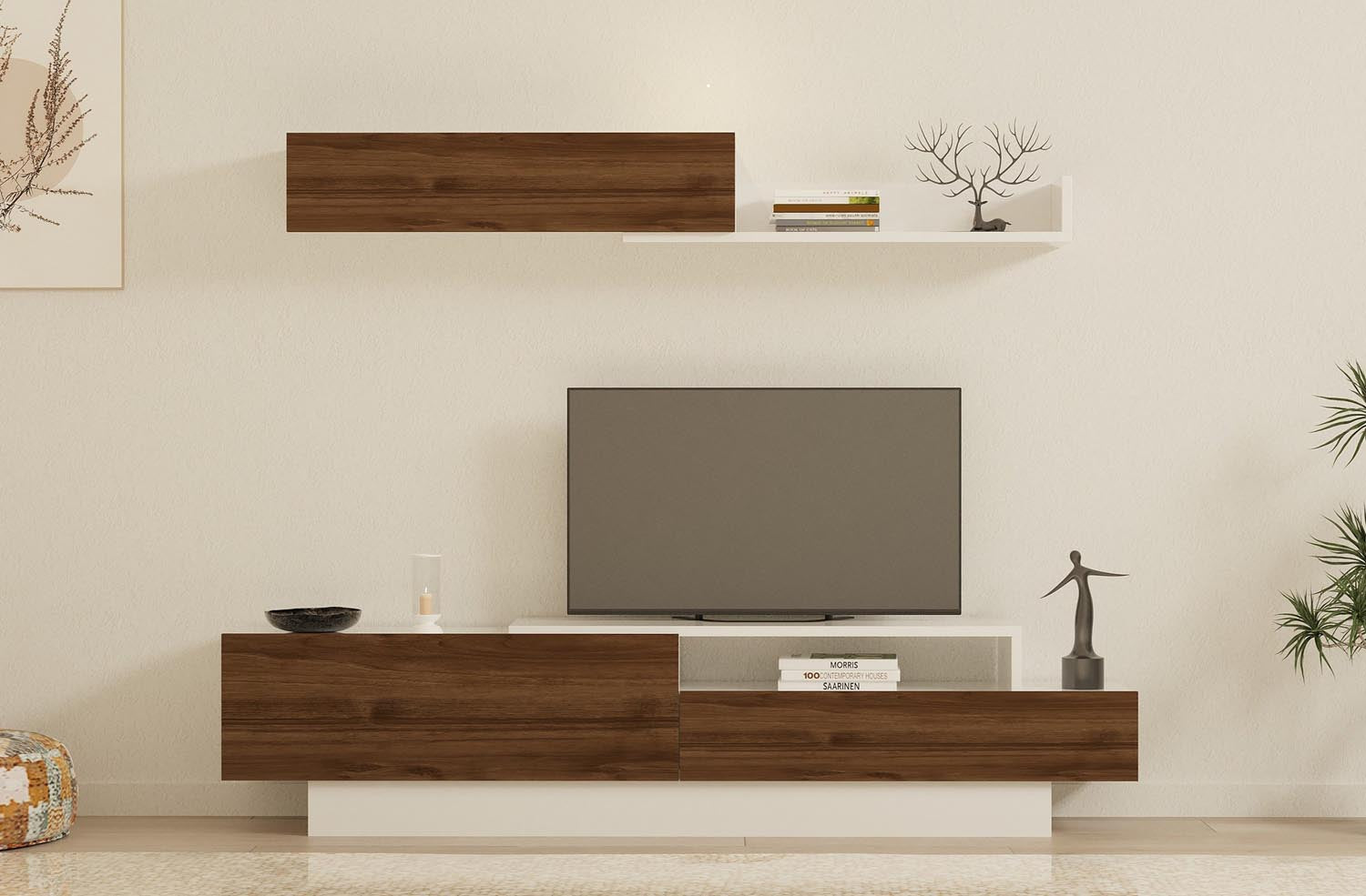 Elegantes TV-Möbel Elda in Weiß und Walnuss von Hanah Home. Robuste Bauweise, vielseitiges Design und viel Stauraum für ein stilvolles Wohnzimmer.
