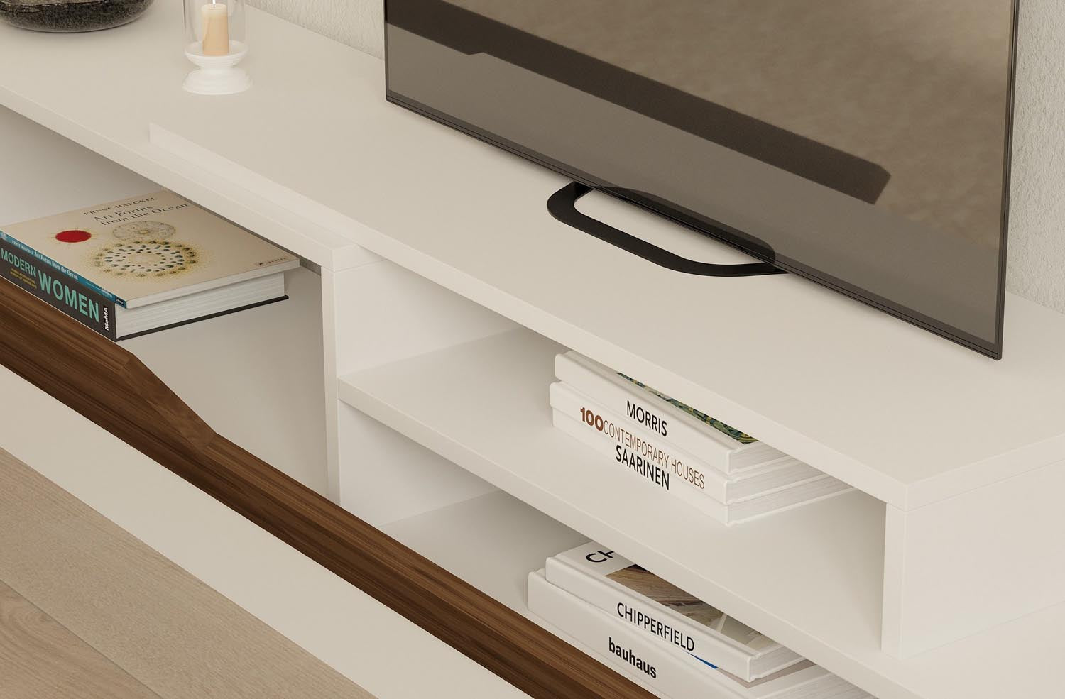 Stilvolles TV-Möbel Elda in Weiß und Walnuss von Hanah Home. Hochwertige Materialien, elegantes Design und großzügiger Stauraum für Ihr Wohnzimmer.