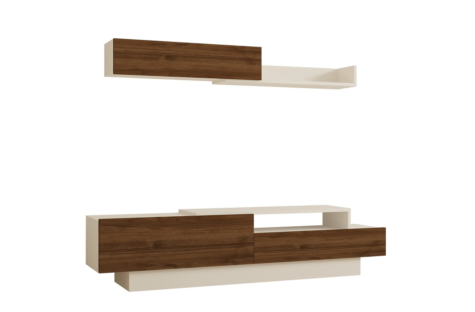 Elegantes TV-Möbel Elda in Weiß und Walnuss von Hanah Home. Robuste Bauweise, vielseitiges Design und optimaler Stauraum für Ihr modernes Wohnzimmer.