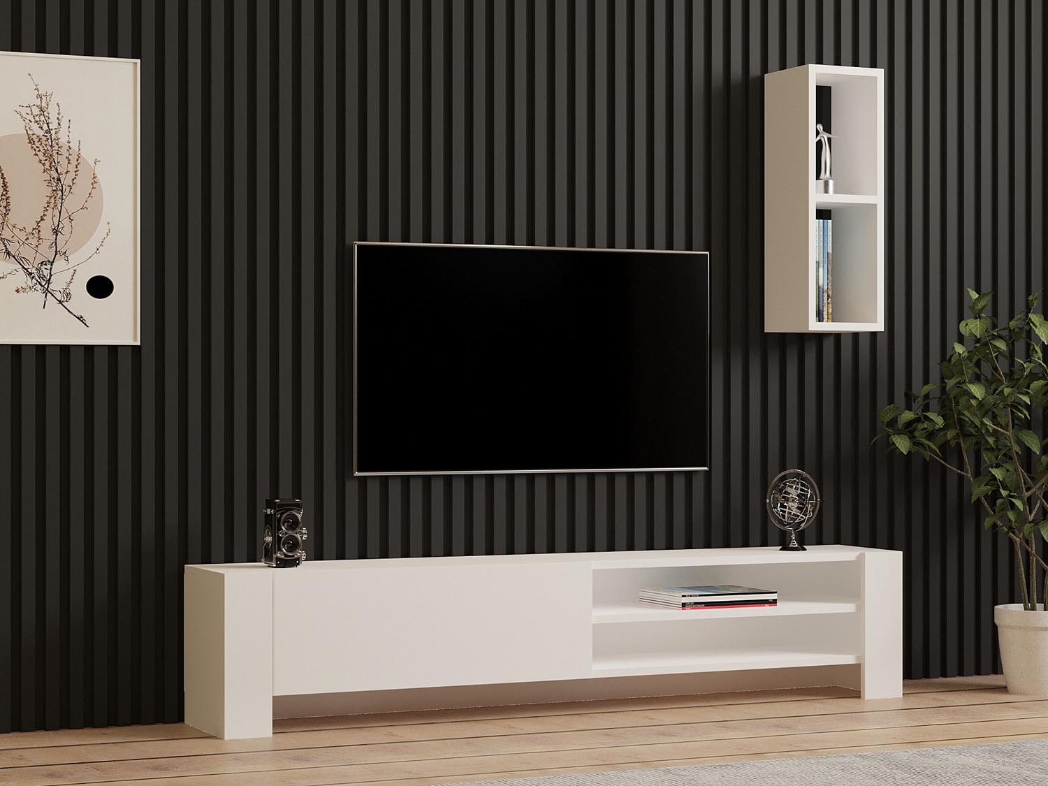 Entdecken Sie das stilvolle Naz TV-Möbel in Weiß von Hanah Home. Skandinavisches Design trifft auf Funktionalität und eleganten Stauraum.