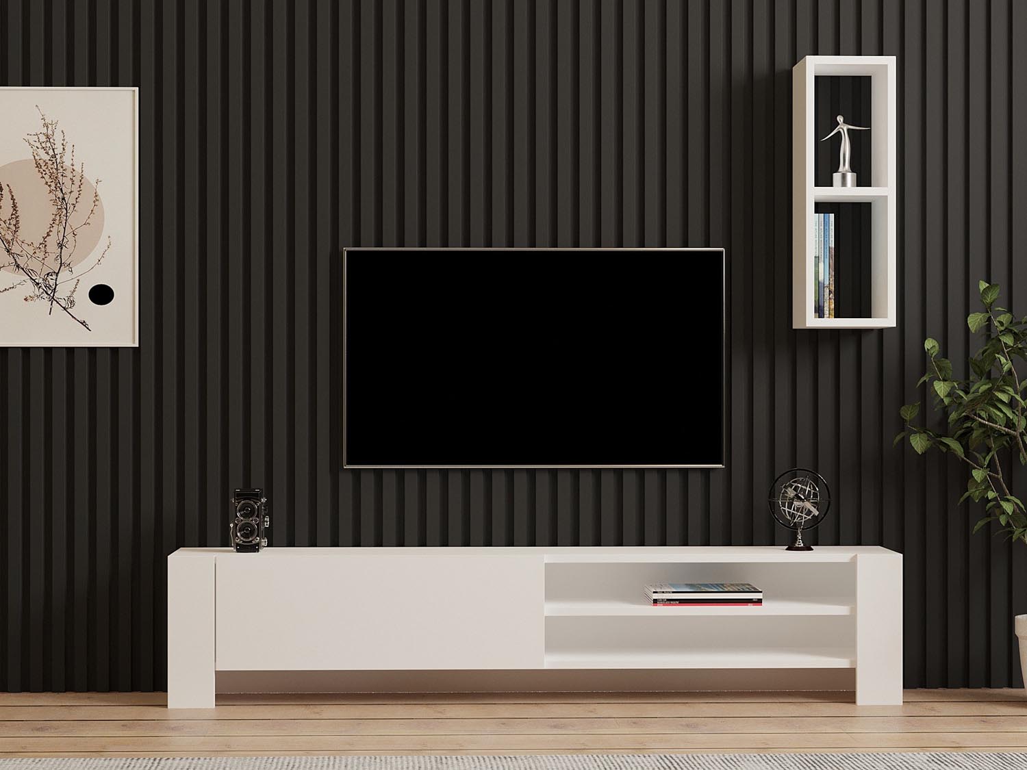Verleihen Sie Ihrem Wohnzimmer mit dem Naz TV-Möbel von Hanah Home in Weiß skandinavische Eleganz und optimalen Stauraum für Ihre Medien.