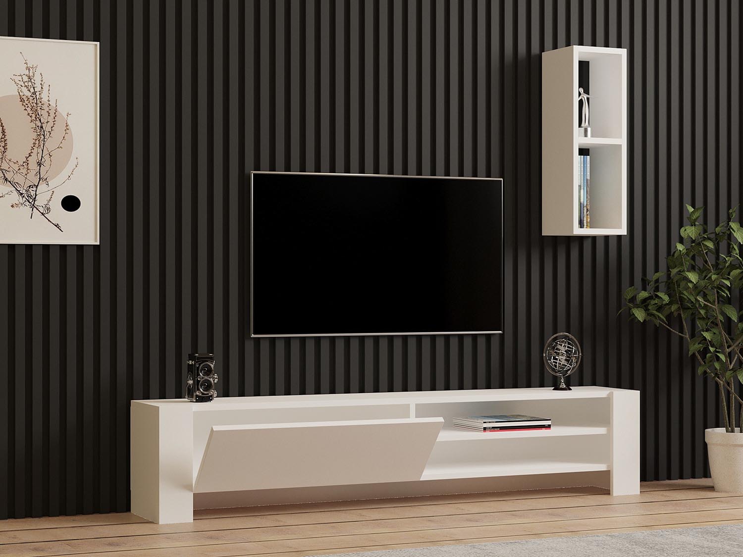 Gestalten Sie Ihr Wohnzimmer stilvoll mit dem Naz TV-Möbel von Hanah Home in Weiß – skandinavisches Design trifft auf praktischen Stauraum.