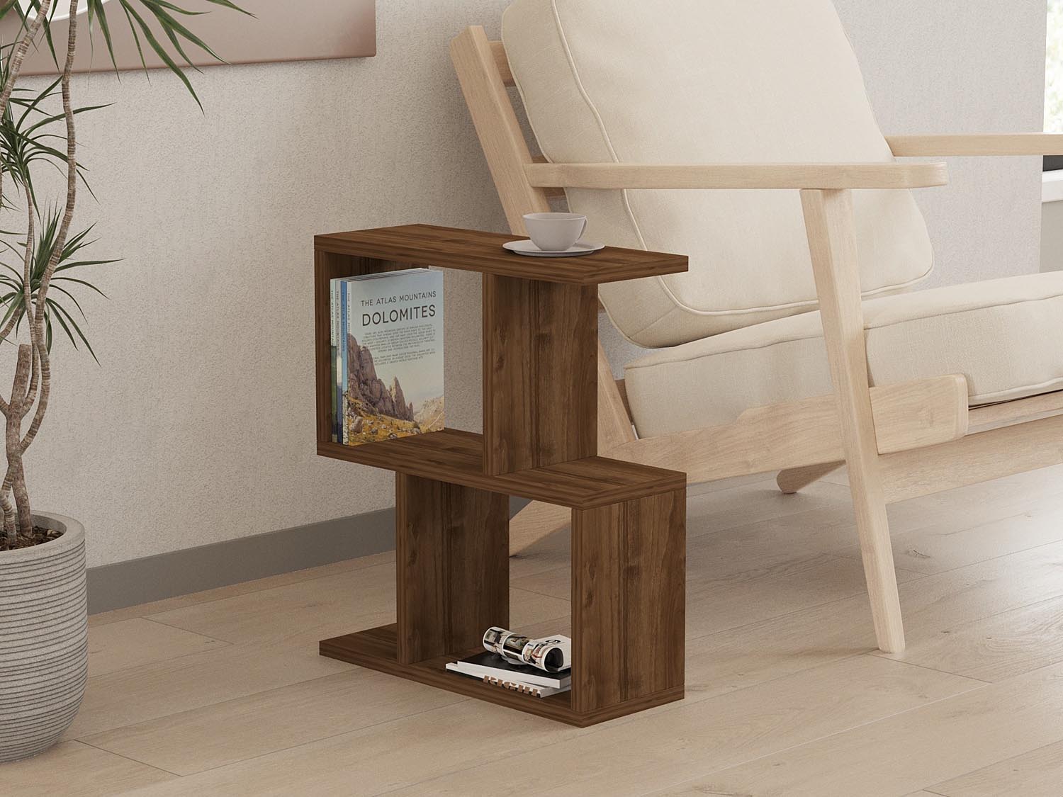 Entdecken Sie den eleganten Zet Sofatisch in Walnuss von Hanah Home. Ideal für stilvolle Aufbewahrung und skandinavisches Design in Ihrem Zuhause.