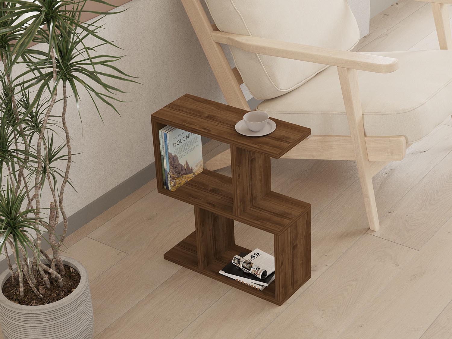 Entdecken Sie den Zet Sofatisch in Walnuss von Hanah Home – der ideale Beistelltisch für stilvolle Aufbewahrung und skandinavisches Design.