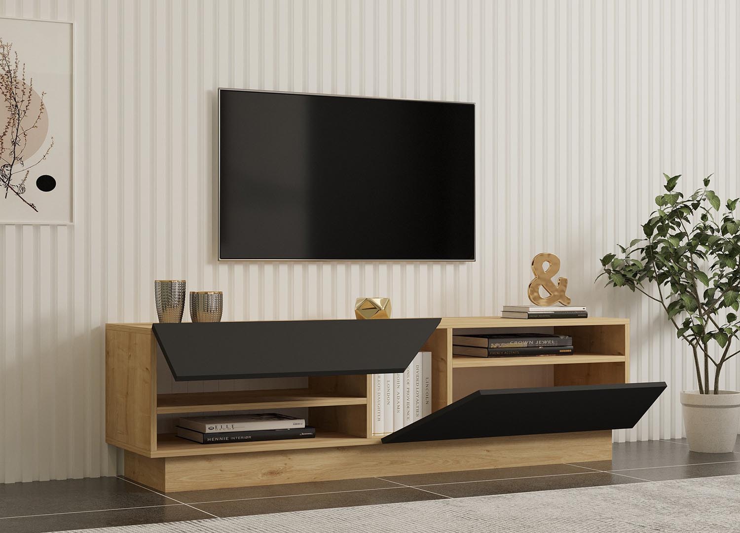 Verleihen Sie Ihrem Wohnraum mit dem Yaprak Sideboard in Saphir und Anthrazit von Hanah Home Eleganz und Funktionalität. Ideal für stilvolle Organisation.