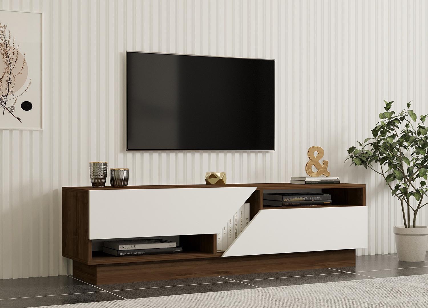 Entdecken Sie das stilvolle Koza Sideboard in Walnuss und Weiß von Hanah Home – die perfekte Kombination aus Eleganz und Funktionalität für Ihr Wohnzimmer!
