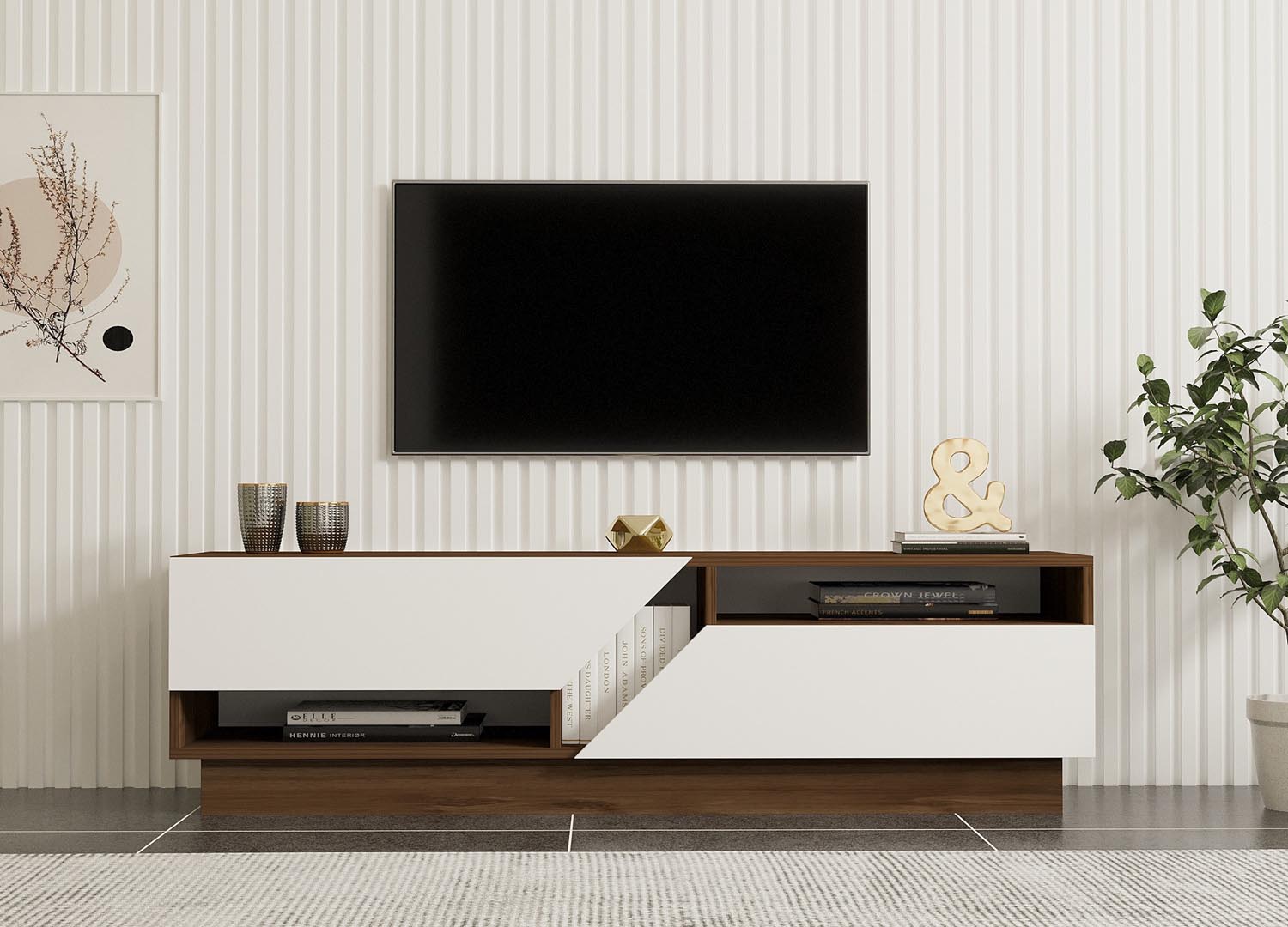 Verleihen Sie Ihrem Wohnzimmer mit dem Koza Sideboard von Hanah Home in Walnuss und Weiß einen Hauch von skandinavischem Stil und praktischer Eleganz!