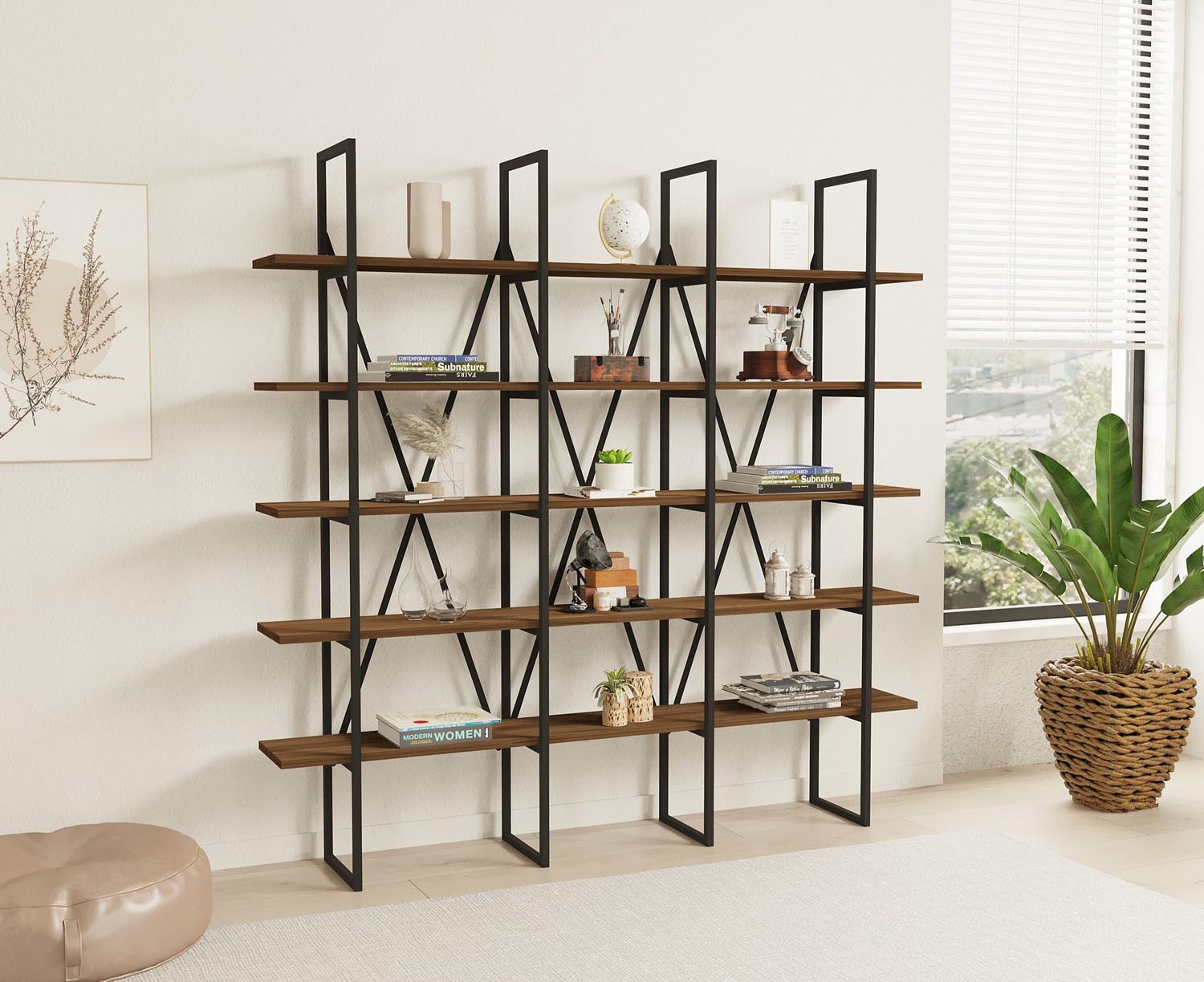 Entdecken Sie das Beylerbeyi Bücherregal in Walnuss Schwarz von Hanah Home – stilvoll, robust und perfekt für Ihre kreative Raumgestaltung!