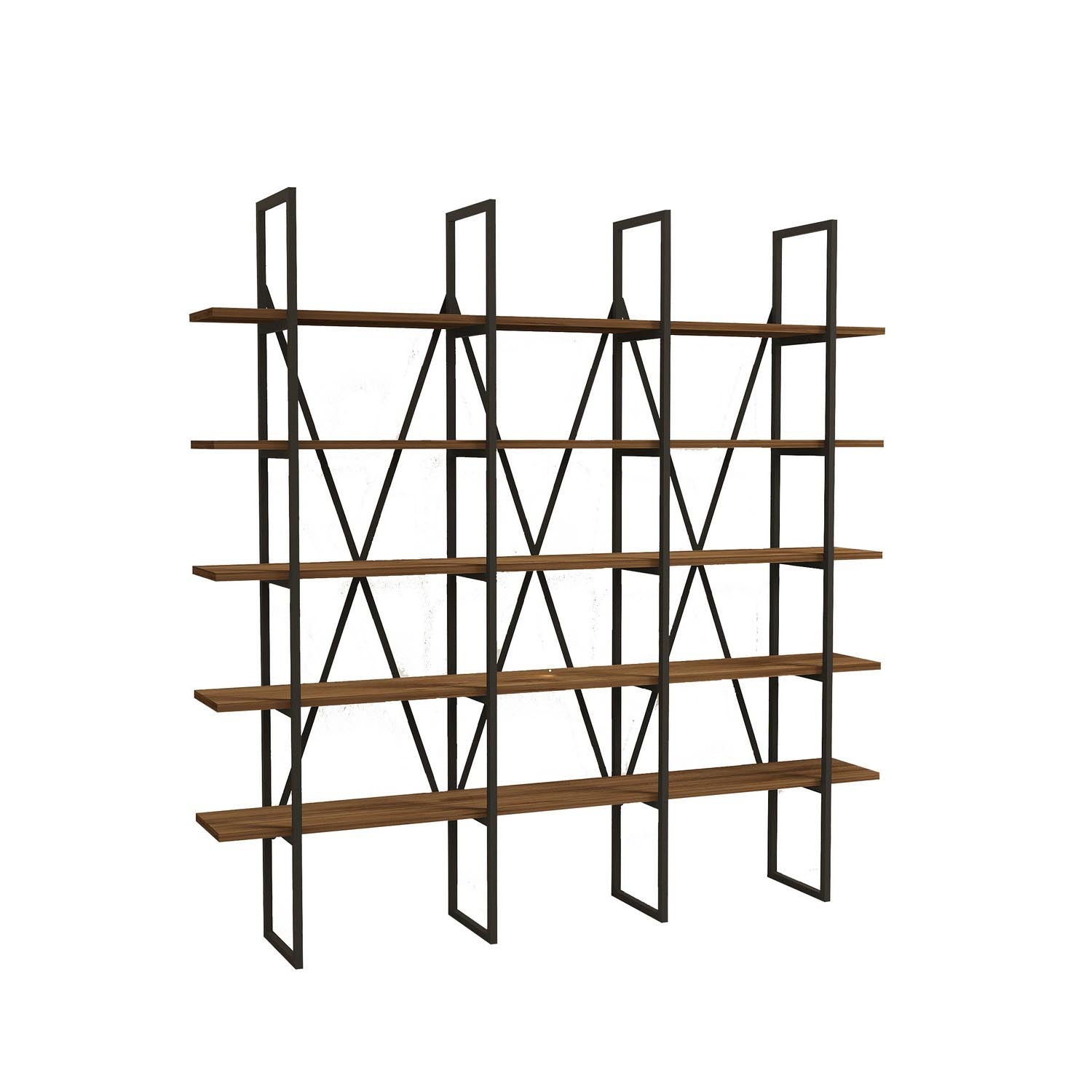Verleihen Sie Ihrem Raum mit dem Beylerbeyi Bücherregal in Walnuss Schwarz von Hanah Home einen modernen, industriellen Akzent – stilvoll und praktisch!