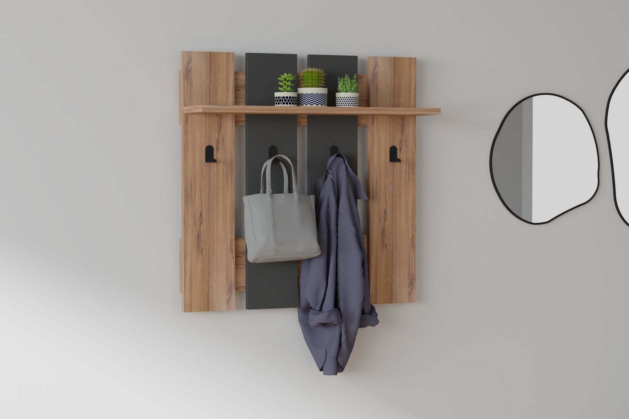 Entdecken Sie den Mita Kleiderhaken in Walnuss und Anthrazit von Hanah Home – stilvoll, langlebig und perfekt für jede Wand! Ideal zur Aufbewahrung.