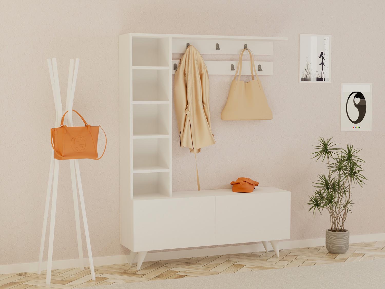 Entdecken Sie die Bahar Garderobe in Weiß von Hanah Home – stilvoll, funktional und ideal für einen organisierten Flur. Jetzt im KAQTU Onlineshop!