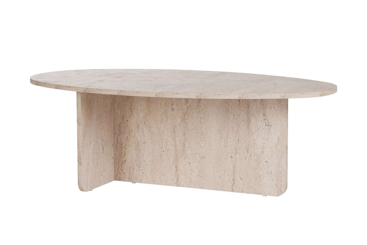 Rechteckiger Couchtisch in Travertin-Optik aus melaminbeschichteter Spanplatte, Masse 120 x 65 x 40 cm, schlichte Formgebung ohne Verzierungen.