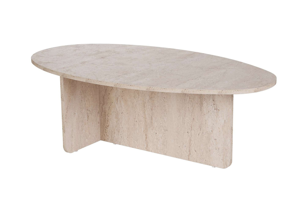 Rechteckiger Couchtisch in Travertin-Optik aus melaminbeschichteter Spanplatte, Masse 120 x 65 x 40 cm, schlichte Formgebung ohne Verzierungen.