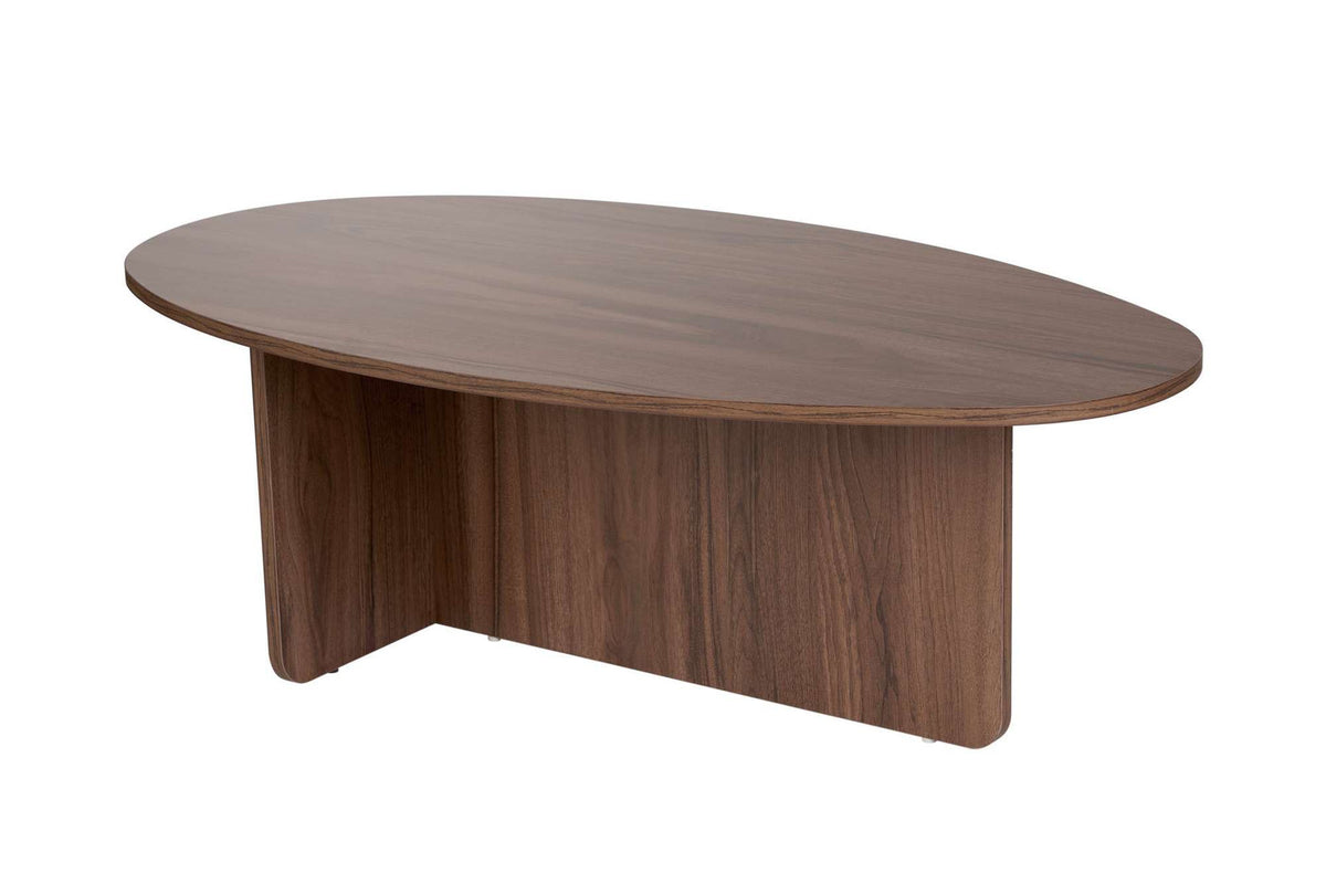 Foto eines rechteckigen Couchtischs in Venezia-Nussbaum-Optik aus melaminbeschichteter Spanplatte mit schlichtem, geradlinigem Design.