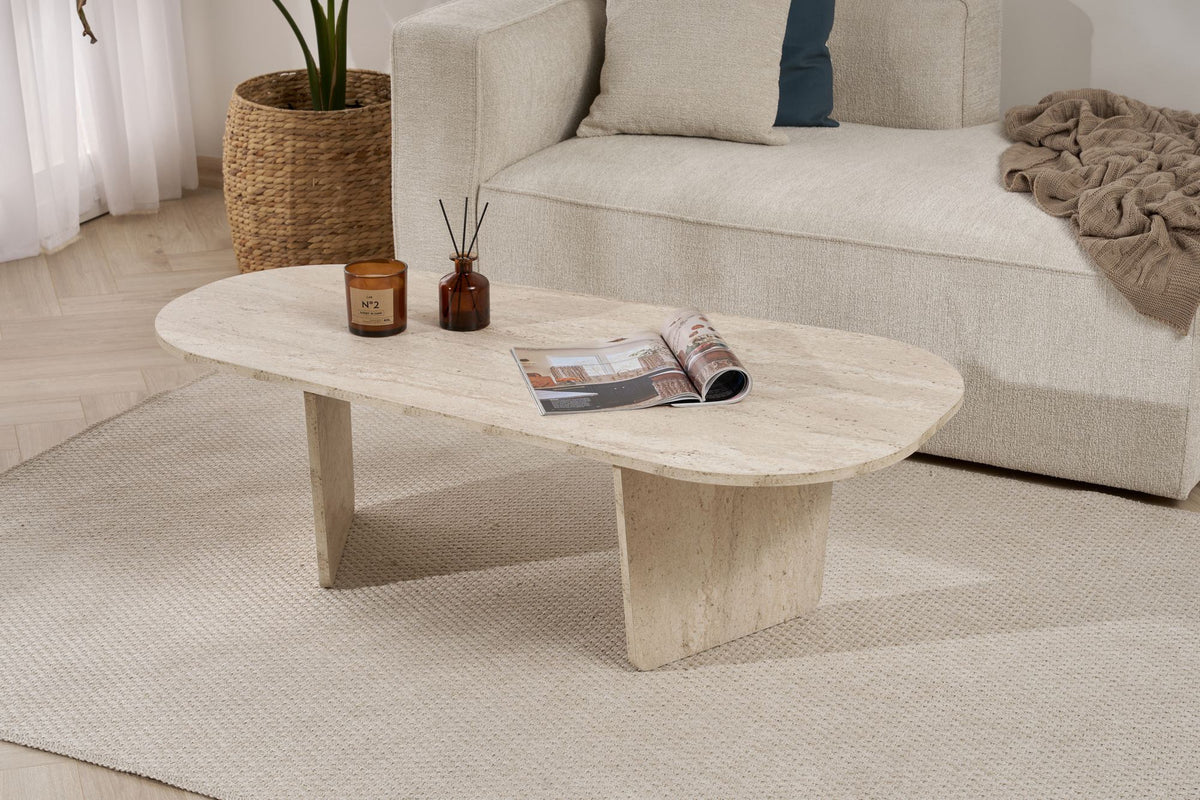 Ovaler Couchtisch aus melaminbeschichteter Spanplatte in Travertin-Farbe, Masse 130 x 65 x 40 cm, Hersteller Nordure.