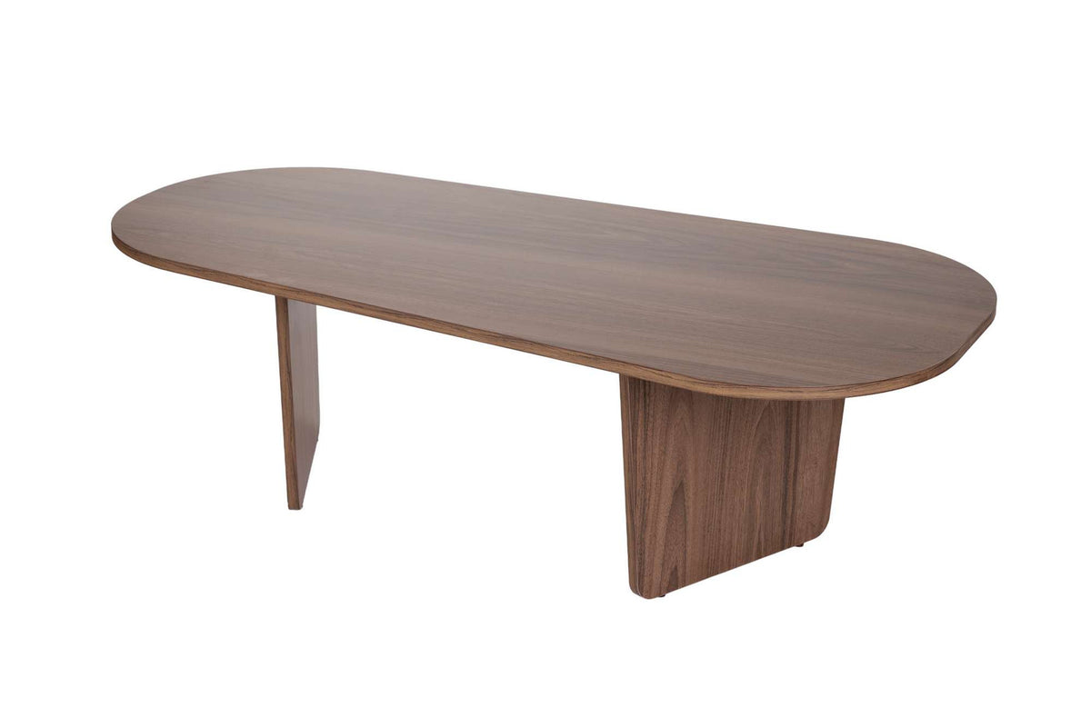 Ovaler Couchtisch in Nussbaumfarbe mit Melaminbeschichtung, Masse 130 x 65 x 40 cm, Modell Ovalis von Nordure.