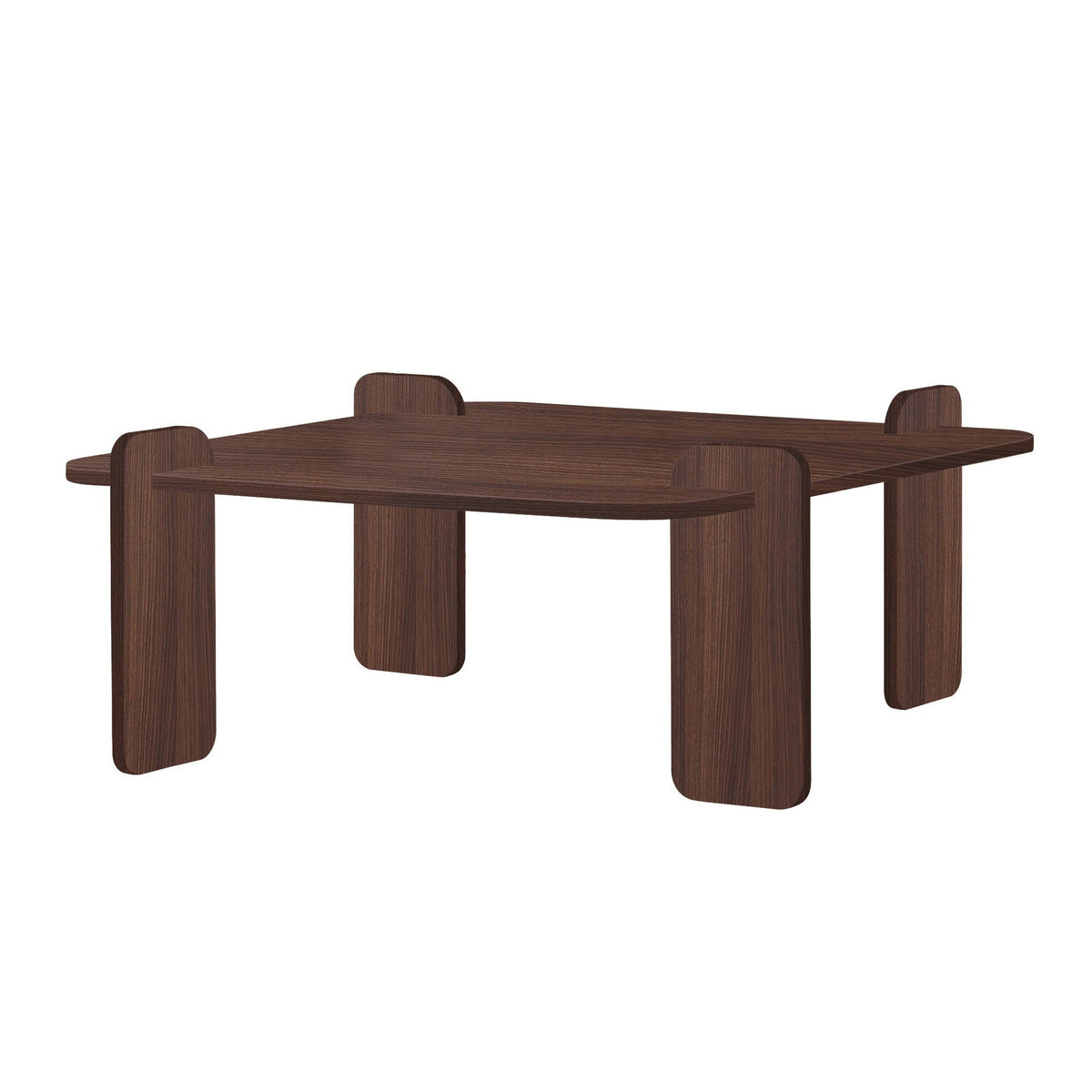 Quadratischer Couchtisch aus melaminbeschichteter Spanplatte in Nussbaum-Optik, Abmessungen 117 x 117 x 35 cm, Modell Marais von Nordure.