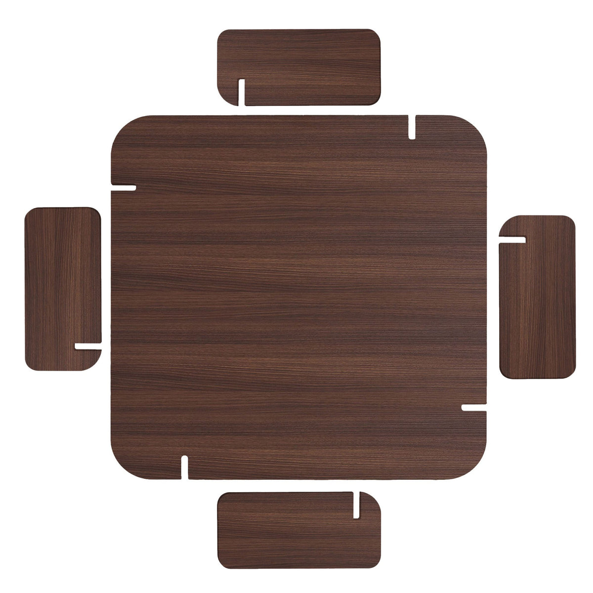 Quadratischer Couchtisch aus melaminbeschichteter Spanplatte in Nussbaum-Optik, Abmessungen 117 x 117 x 35 cm, Modell Marais von Nordure.