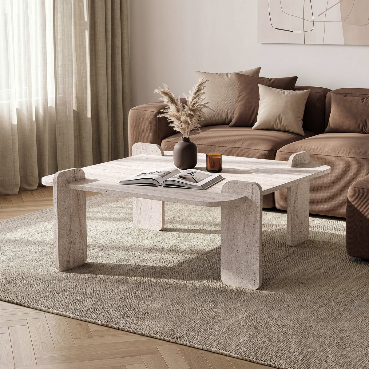 Quadratischer Couchtisch Marais von Nordure in Travertin-Optik, melaminbeschichtete Spanplatte, schlichtes Design mit gerader Tischplatte