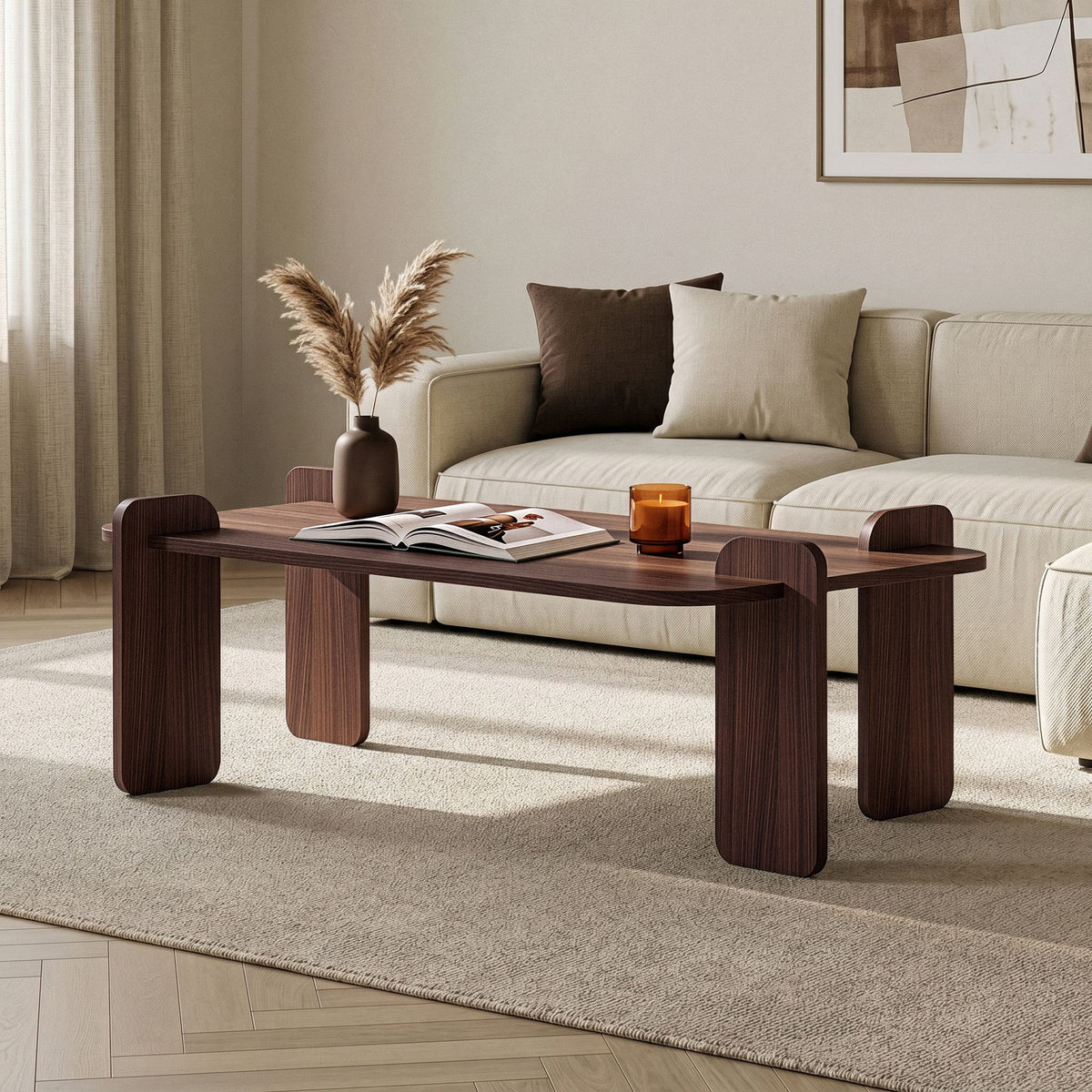 Couchtisch Renard in Nussbaum Milano von Nordure, rechteckige Tischplatte aus melaminbeschichteter Spanplatte, schlichtes Design.