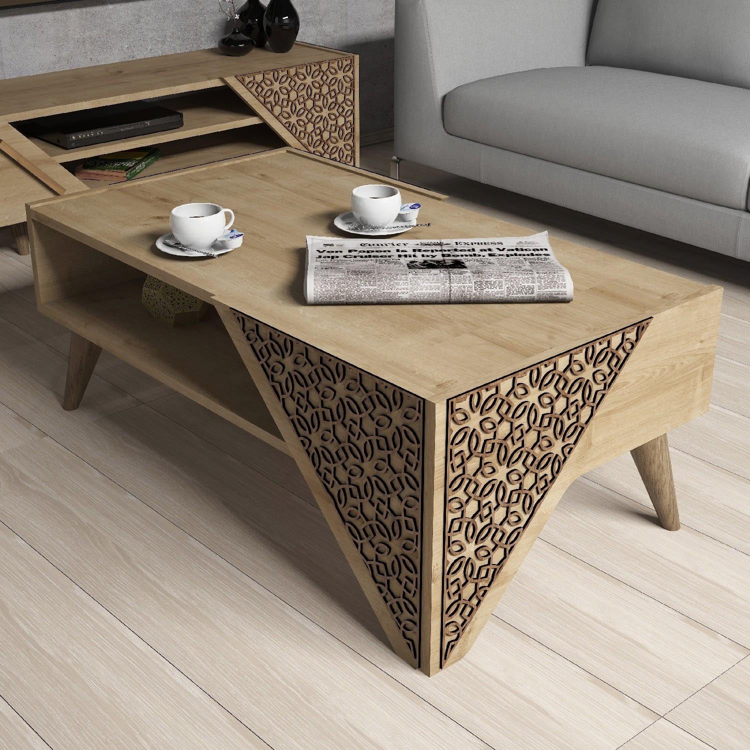 Eleganter Beril Sofatisch aus Eiche von Hanah Home. Modernes Design mit CNC-Relief, ideal für jedes Zuhause. Jetzt entdecken!