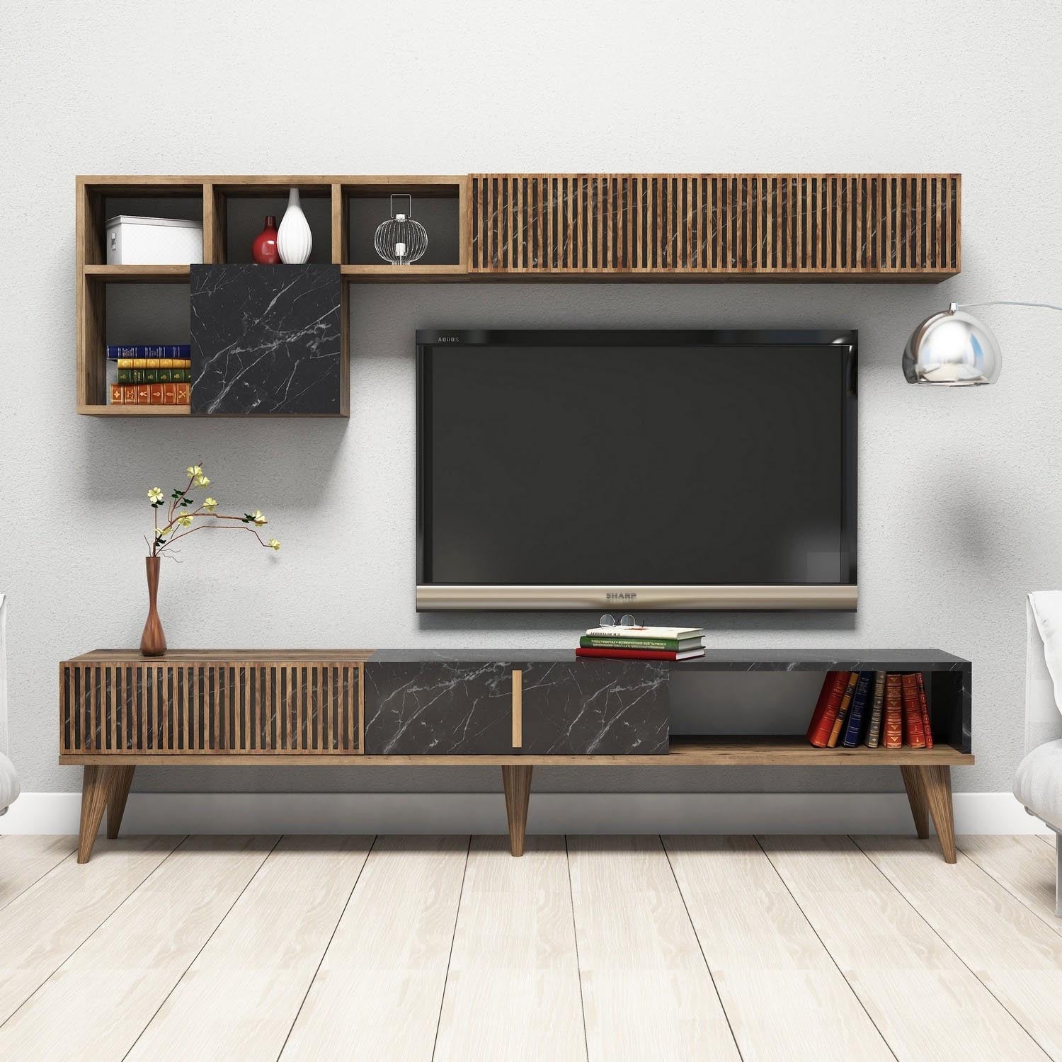 Entdecken Sie das stilvolle TV-Regal Milan in Walnuss und Schwarz von Hanah Home. Modernes Design trifft auf Funktionalität für Ihr Wohnzimmer.