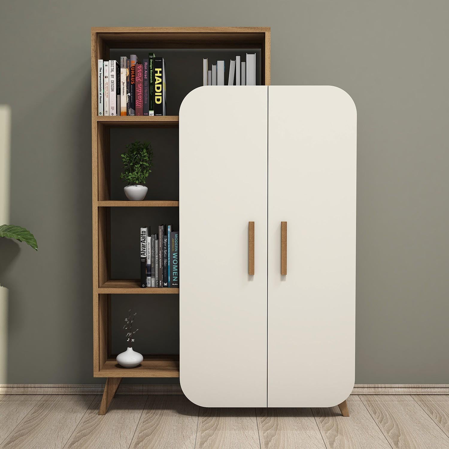 Entdecken Sie das elegante Bücherregal in Walnuss und Creme von Hanah Home – ideal für stilvolle Organisation und ansprechende Raumgestaltung!