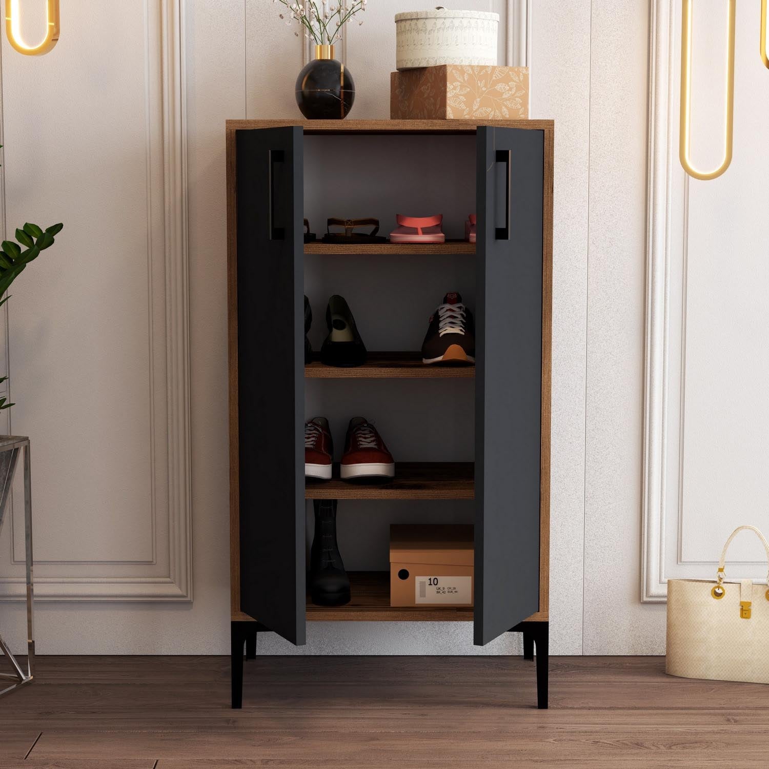 Entdecken Sie den eleganten Schuhschrank Prag in Walnuss und Anthrazit von Hanah Home. Perfekte Kombination aus Stil und Funktionalität für Ihr Zuhause!