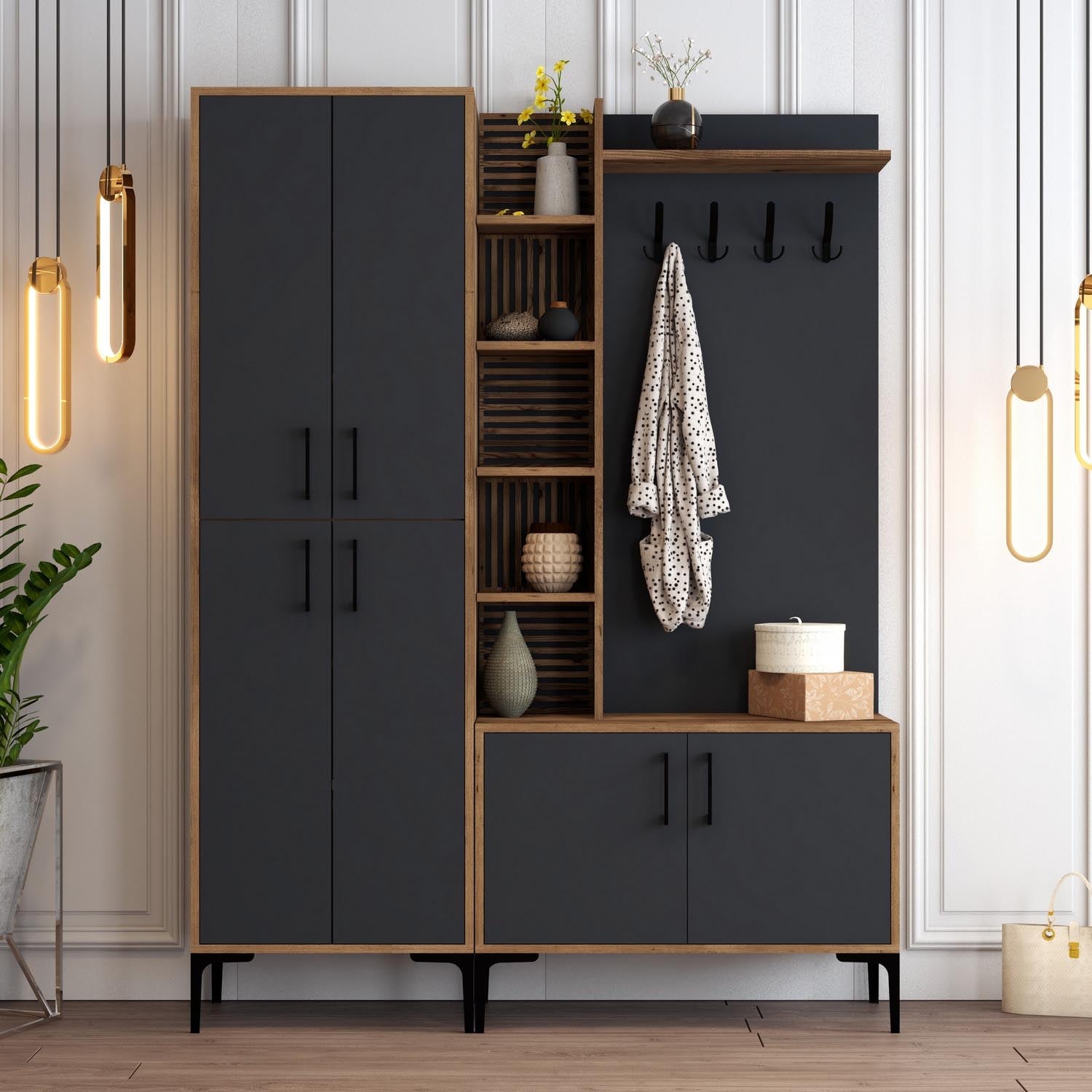 Verleihen Sie Ihrem Eingangsbereich mit der Viyana DA Garderobe in Walnuss und Anthrazit von Hanah Home einen modernen Akzent – praktisch und elegant!