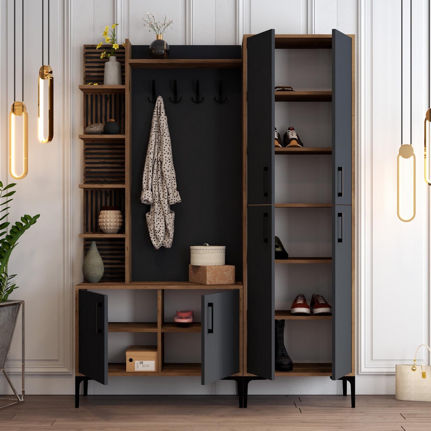 Verleihen Sie Ihrem Flur mit der Viyana DA Garderobe in Walnuss und Anthrazit von Hanah Home Eleganz und Ordnung – ideal für jeden Raum!