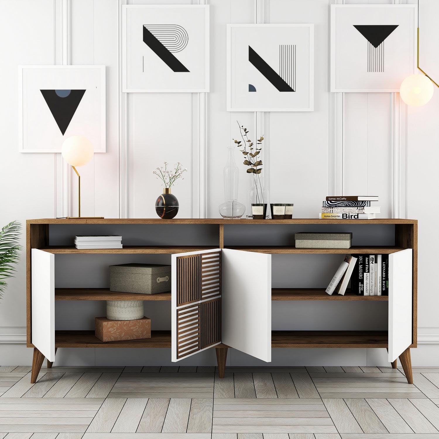 Setzen Sie mit dem Konsolentisch Milan von Hanah Home in Walnuss und Weiß elegante Akzente. Funktionalität trifft modernes Design!