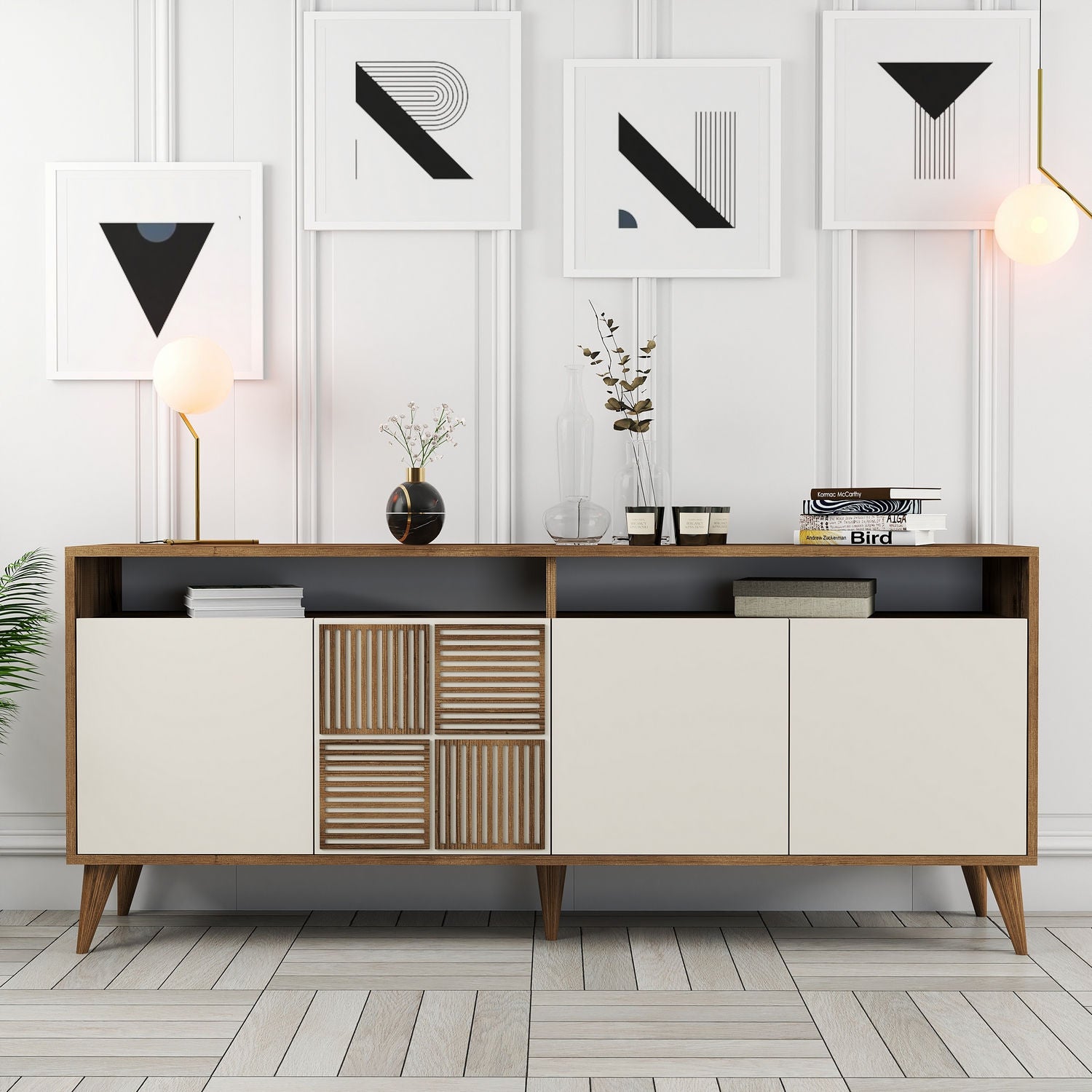 Entdecken Sie das elegante Milan High-Sideboard in Walnuss und Creme von Hanah Home. Perfekte Kombination aus Stil und Funktionalität für Ihr Zuhause.