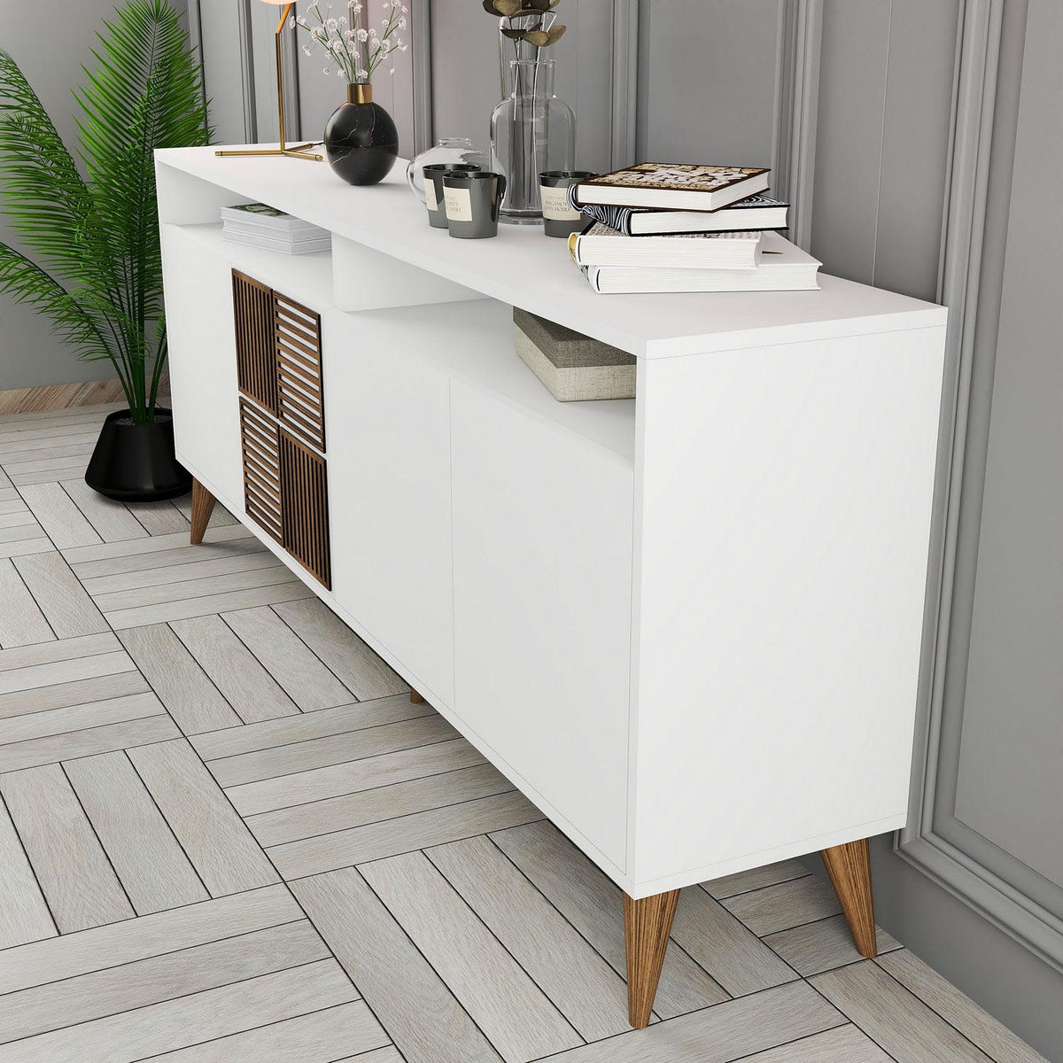 Milan High-Sideboard - Weiss in Weiss präsentiert im Onlineshop von KAQTU Design AG. High-Sideboard ist von Hanah Home