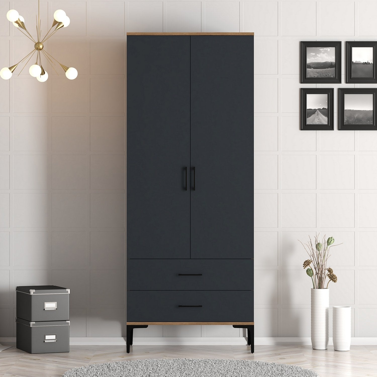 Entdecken Sie die Kumsal T Garderobe in Walnuss und Anthrazit von Hanah Home – stilvoll, langlebig und perfekt für Ihr Schlafzimmer!