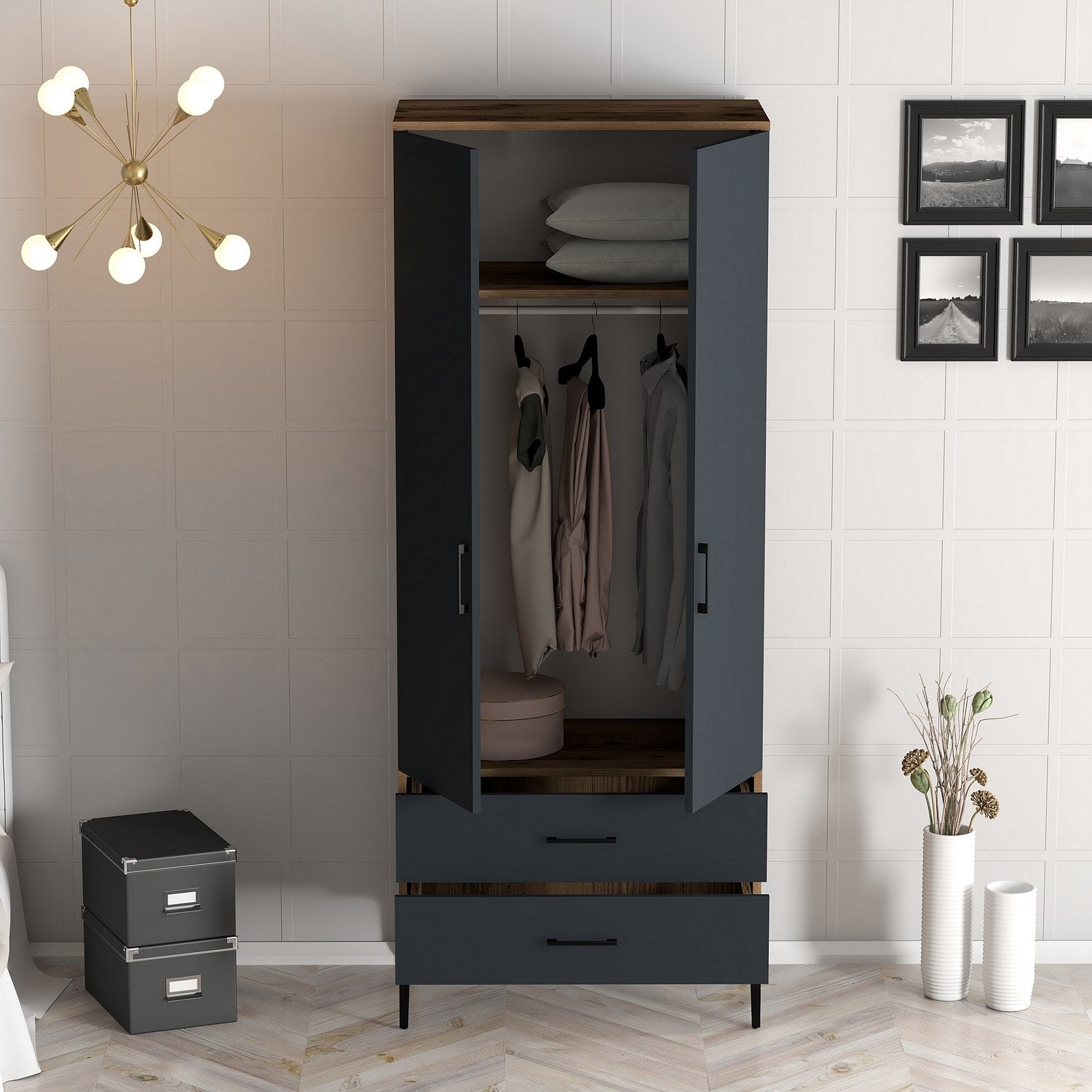Verleihen Sie Ihrem Schlafzimmer mit der Kumsal T Garderobe in Walnuss und Anthrazit von Hanah Home einen Hauch von Eleganz und Funktionalität!