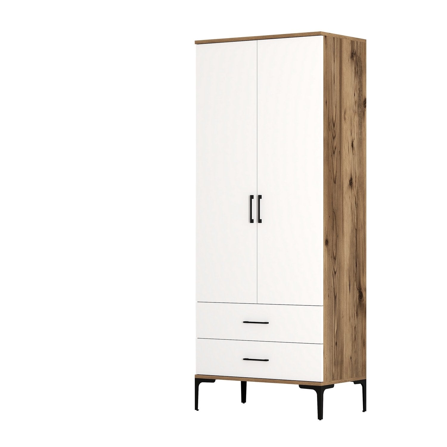 Verleihen Sie Ihrem Schlafzimmer mit der Kumsal T Garderobe von Hanah Home in Walnuss und Weiß einen Hauch von Eleganz und Funktionalität. Ideal für stilvolle Ordnung!