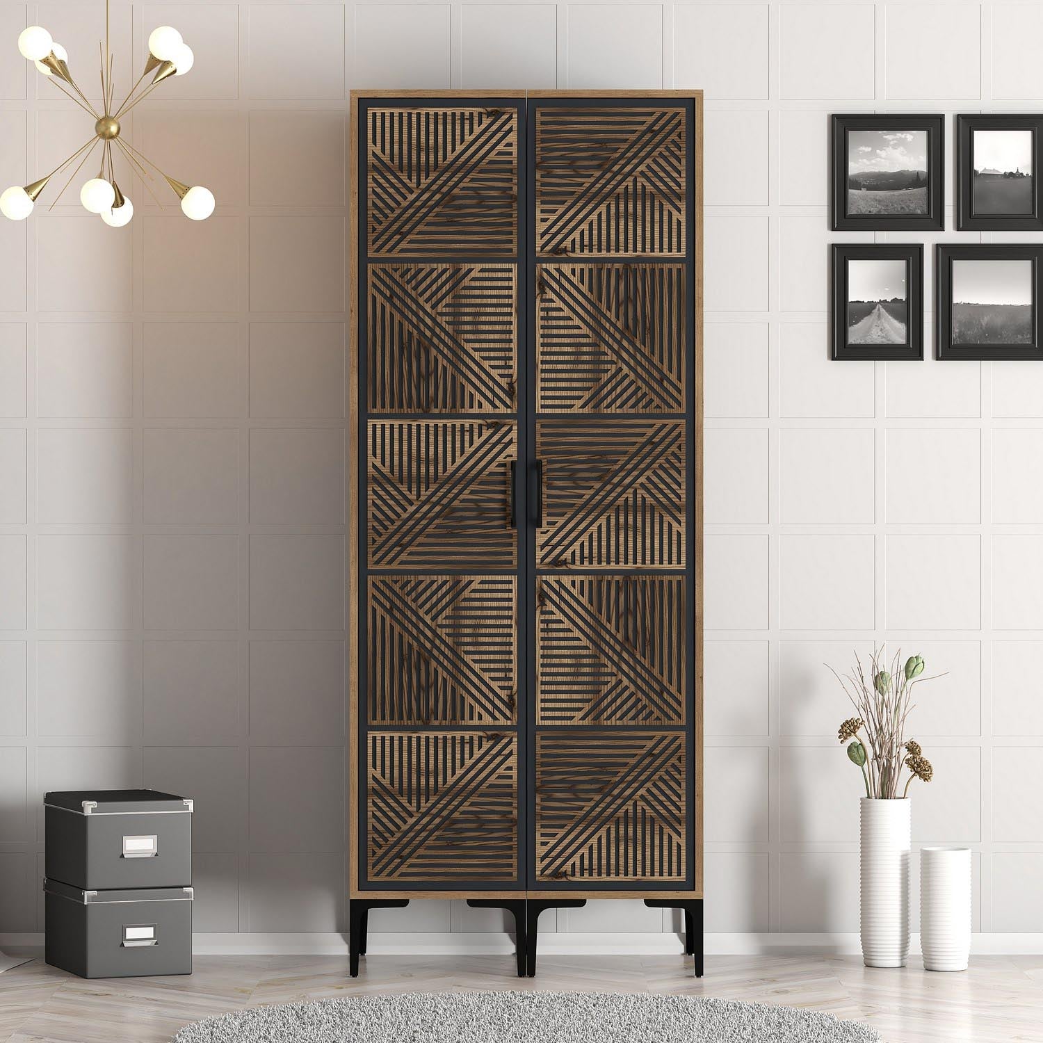 Elegante Kumsal PP Garderobe in Walnuss und Anthrazit von Hanah Home. Ideal für stilvolle Organisation und langlebige Qualität in Ihrem Schlafzimmer.