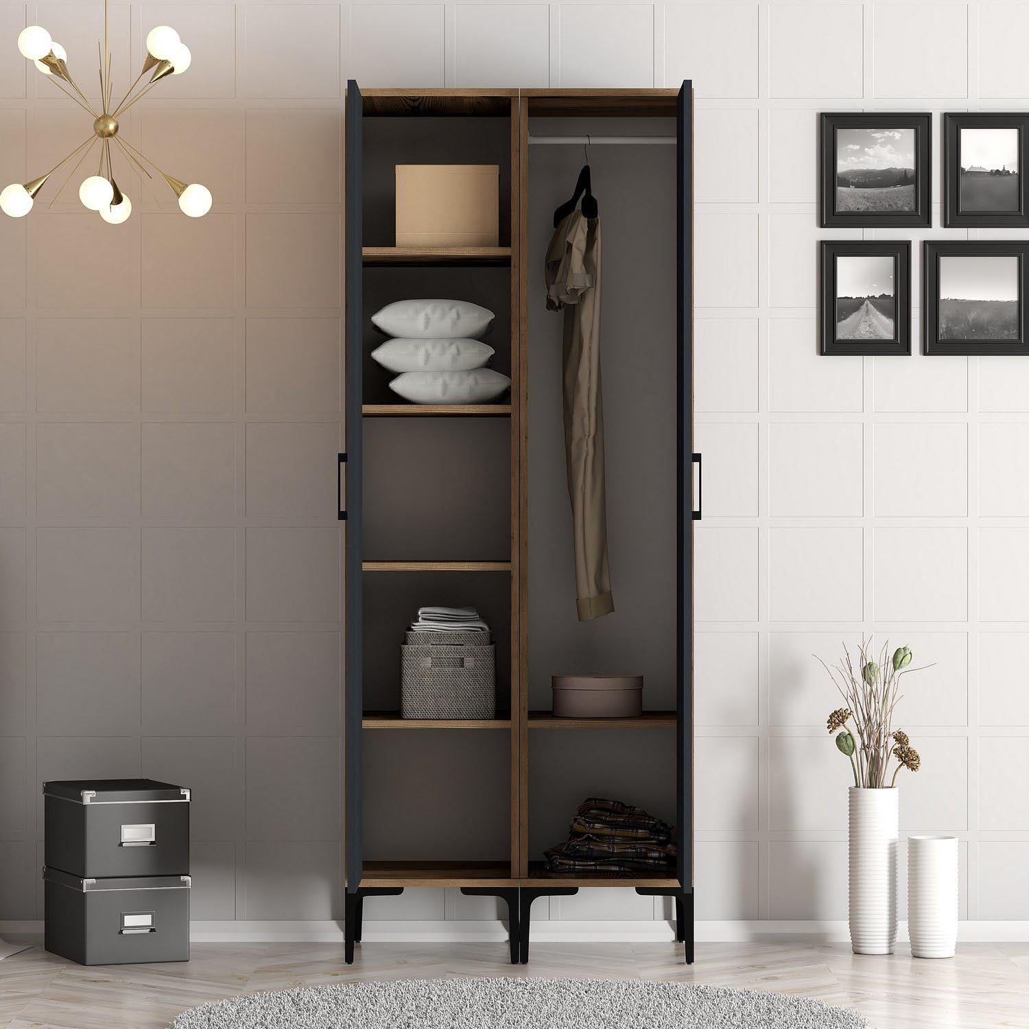 Stilvolle Kumsal PP Garderobe in Walnuss und Anthrazit von Hanah Home. Perfekt für Ordnung und Eleganz in jedem Schlafzimmer.