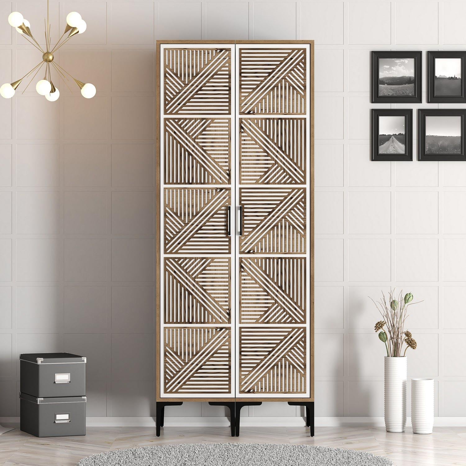 Entdecken Sie die Kumsal PP Garderobe in Walnuss und Weiß von Hanah Home – stilvoll, robust und ideal für Ihre Schlafzimmerorganisation.