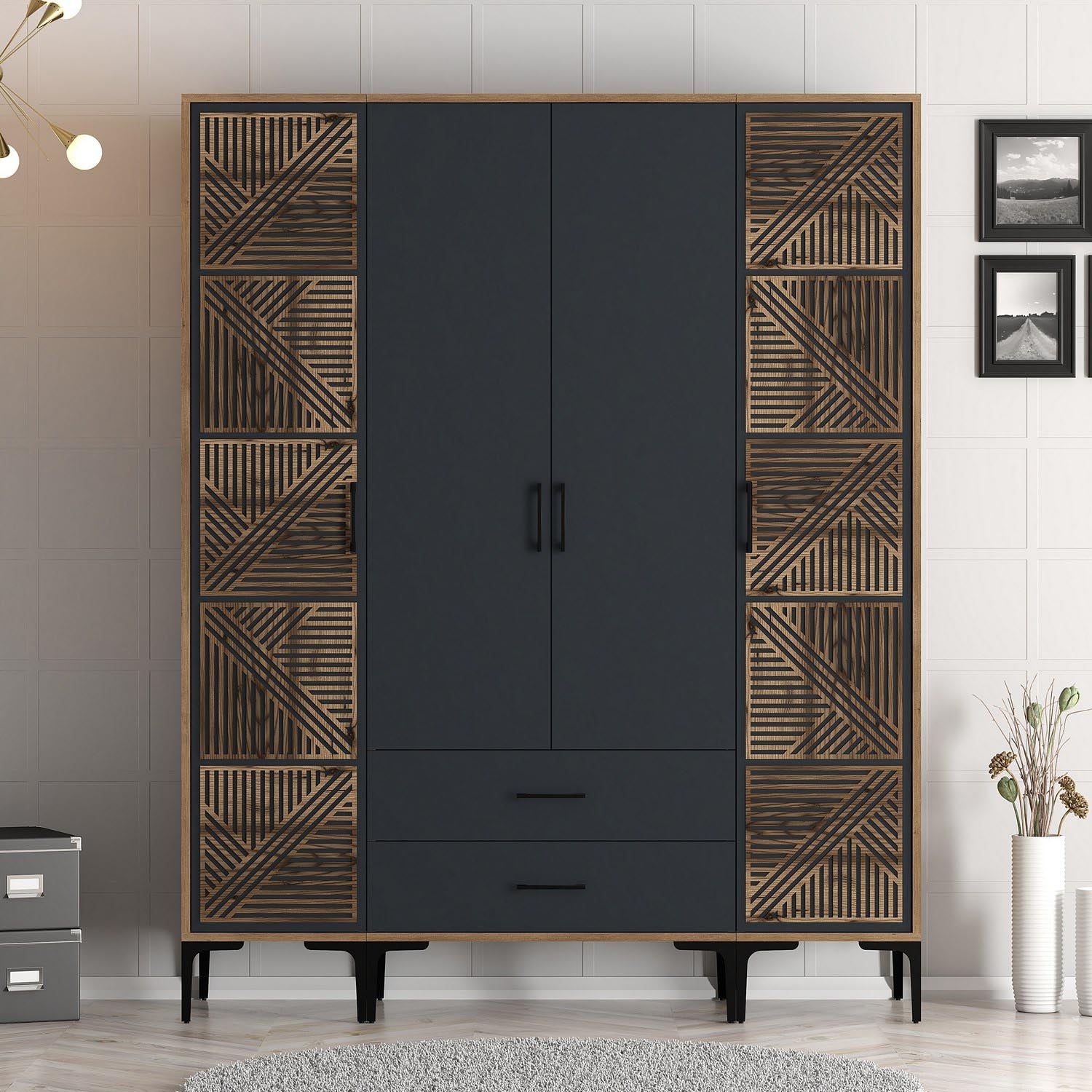 Entdecken Sie die Kumsal PTP Garderobe in Walnuss und Anthrazit von Hanah Home – stilvoll, funktional und ideal für Ihr Schlafzimmer!