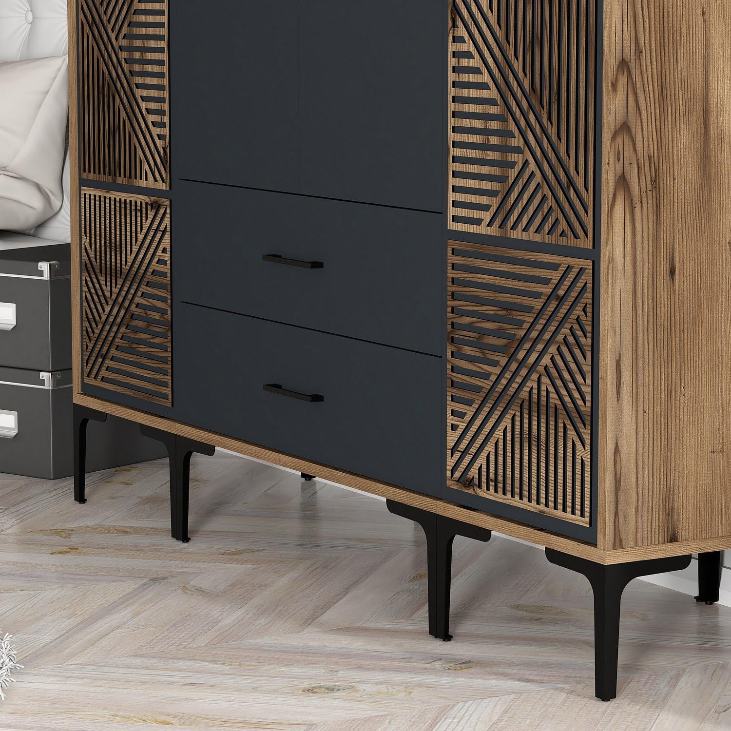 Verleihen Sie Ihrem Schlafzimmer mit der Kumsal PTP Garderobe in Walnuss und Anthrazit von Hanah Home einen modernen Look – ideal für stilvolle Aufbewahrung!