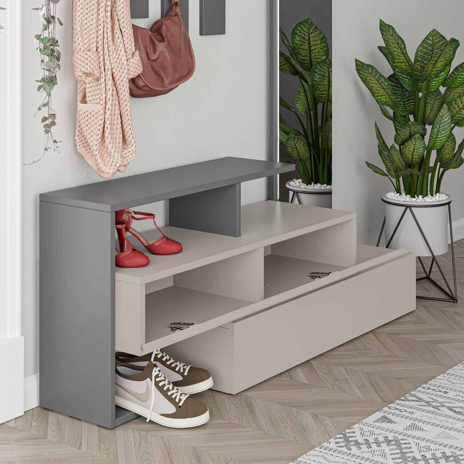 Verleihen Sie Ihrem Eingangsbereich mit der Ramda Garderobe in Licht Mocha und Anthrazit von Hanah Home einen Hauch von Eleganz und Ordnung!