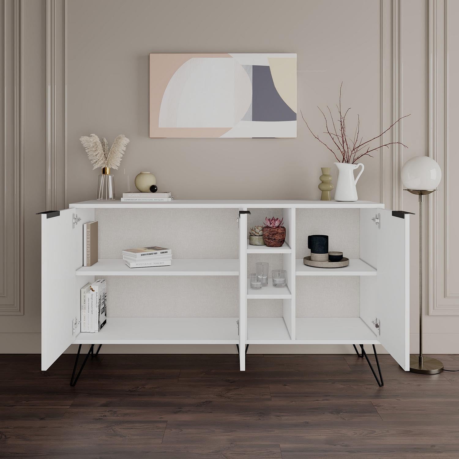 Erleben Sie das stilvolle Clara High-Sideboard in Weiß von Hanah Home. Perfekte Kombination aus modernem Design, Funktionalität und langlebiger Qualität.