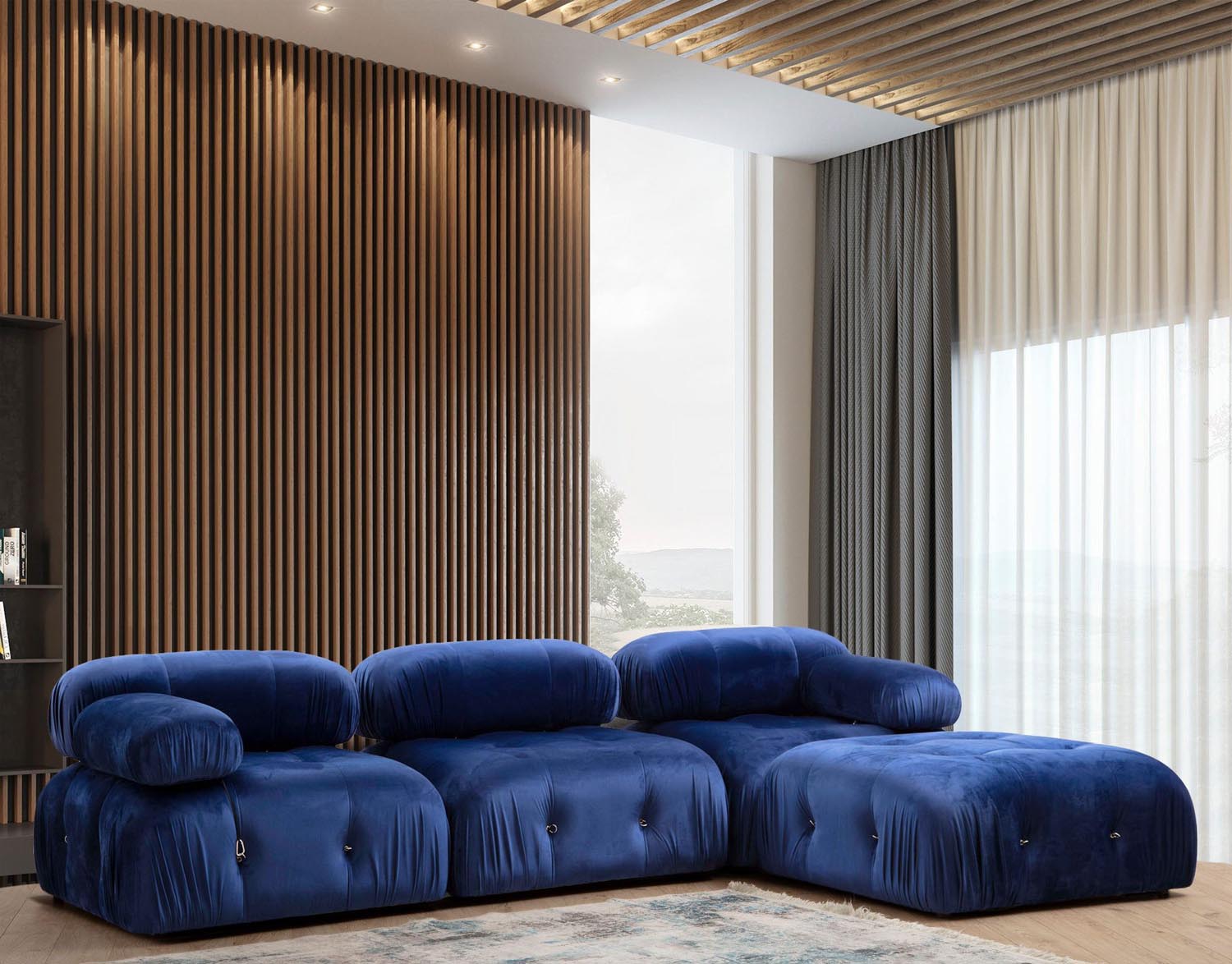 Entdecken Sie das luxuriöse Bubble Velvet Blue L1 Ecksofa von Atelier Del Sofa. Stilvolles Design in Samtblau für Ihr Zuhause.