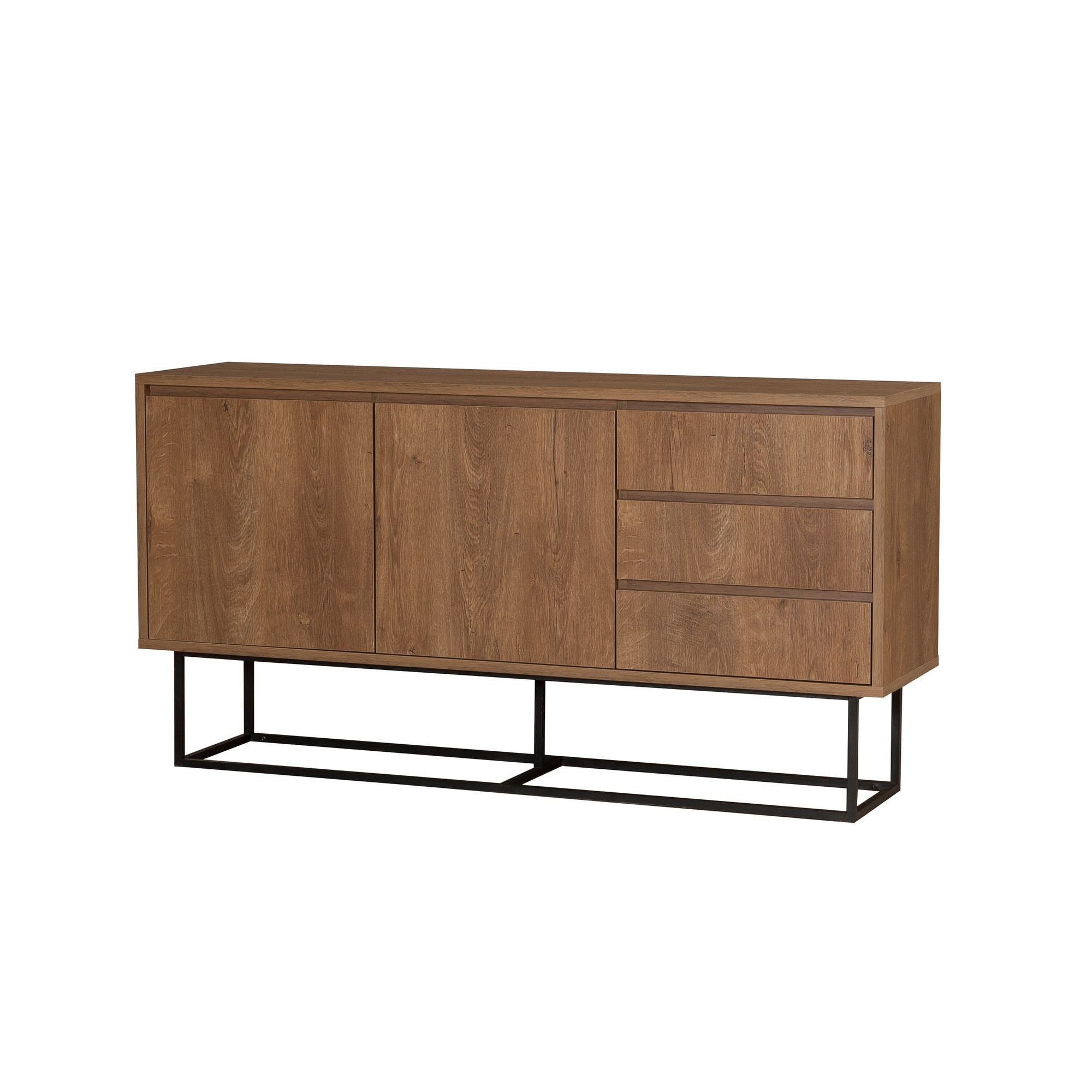 Erleben Sie das Ruba High-Sideboard von Hanah Home in Walnuss Schwarz – ein modernes, industrielles Design, das Stil und praktischen Stauraum perfekt kombiniert.