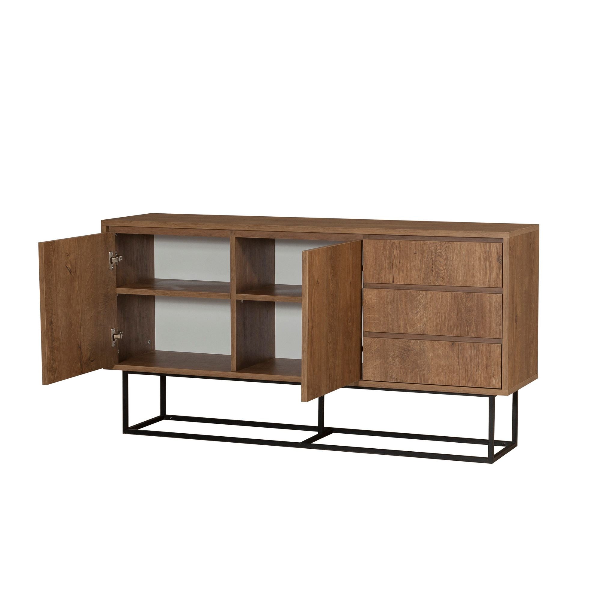 Entdecken Sie das Ruba High-Sideboard von Hanah Home in edlem Walnuss Schwarz – ein stilvolles Möbelstück, das Eleganz und Funktionalität vereint.