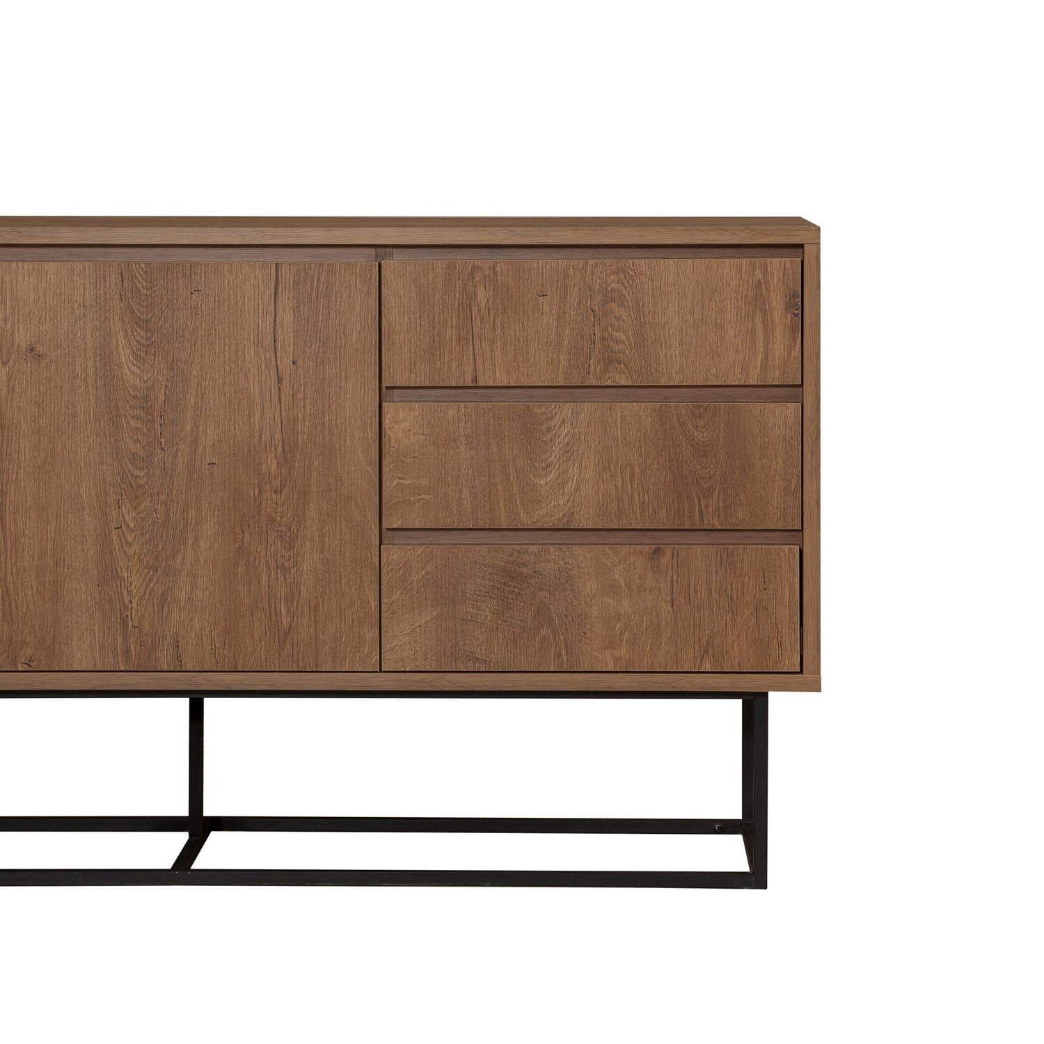 Erleben Sie das Ruba High-Sideboard von Hanah Home in Walnuss Schwarz – ein modernes, industrielles Design, das Stil und praktischen Stauraum perfekt kombiniert.