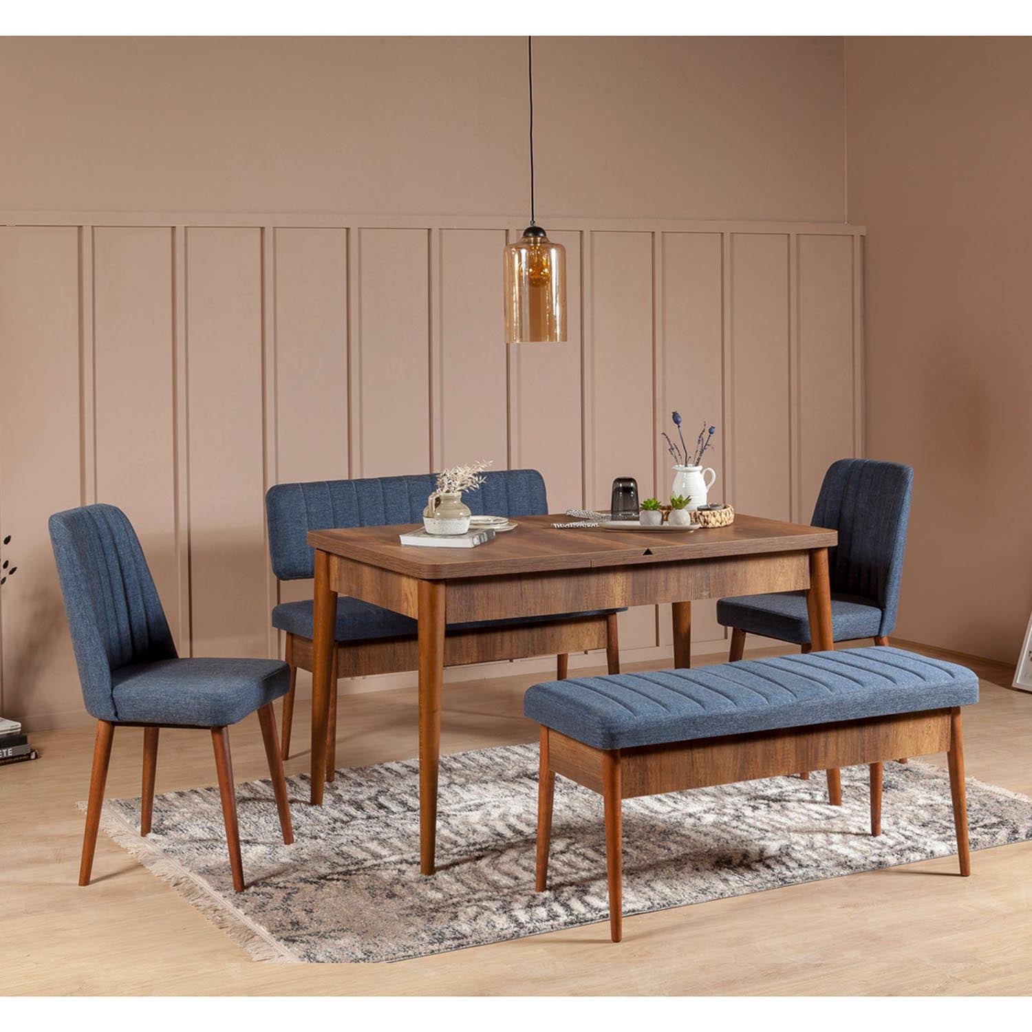 Vina Bench in Walnuss Dunkelblau von Hanah Home: Kombiniert Eleganz und Funktionalität mit hochwertiger Verarbeitung und praktischer Stauraumlösung.